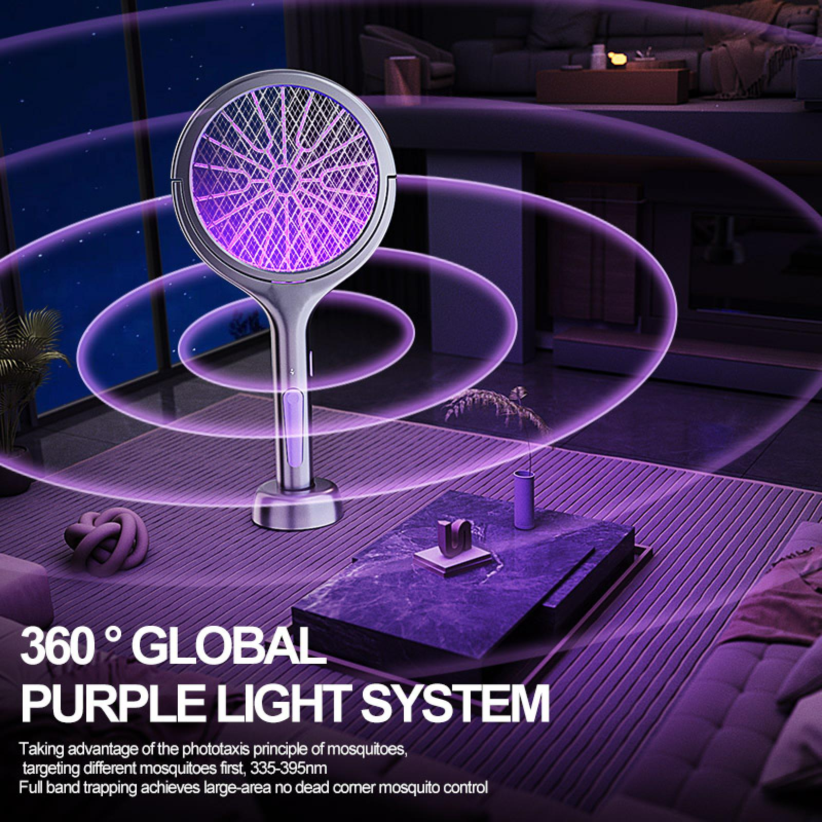 Eine violette Licht-Moskitofalle steht auf einem violetten Boden, mit einem violetten Lichteffekt. Der Text lautet '360° GLOBAL PURPLE LIGHT SYSTEM'.