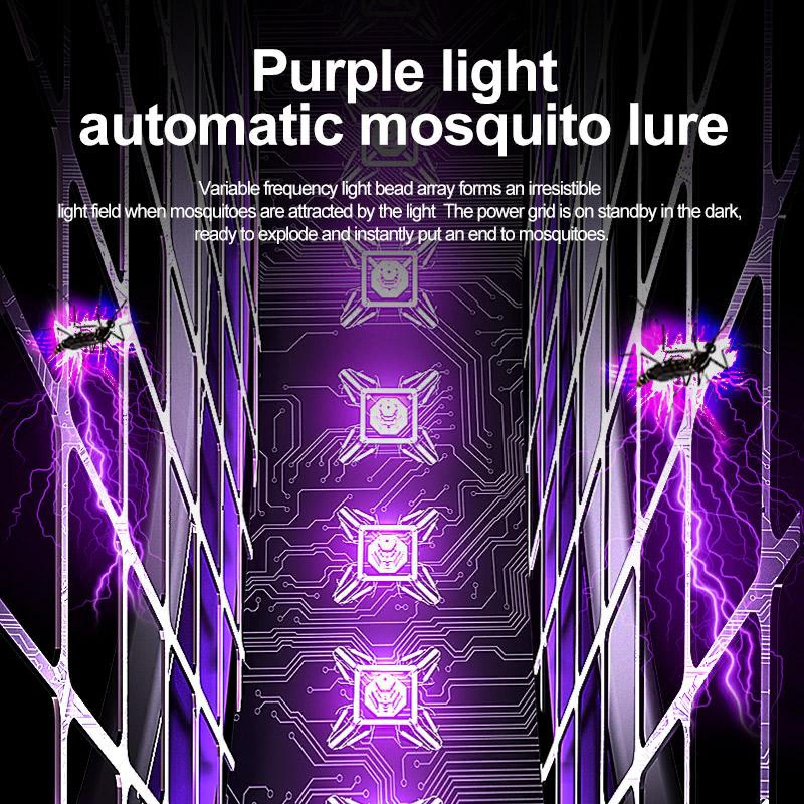 Werbung für eine lila Licht-Mückenfalle. Es zeigt ein Leiterplattendesign, und der Text beschreibt seine Funktion.
