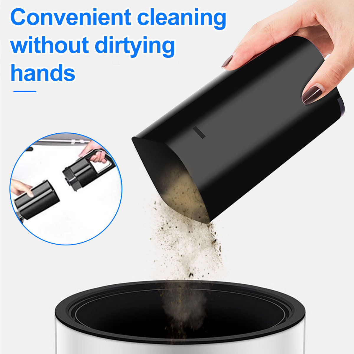 Eine Hand schüttet Staub aus einem schwarzen Behälter in einen Behälter. Ein kleineres Bild zeigt einen zerlegten Staubsauger.