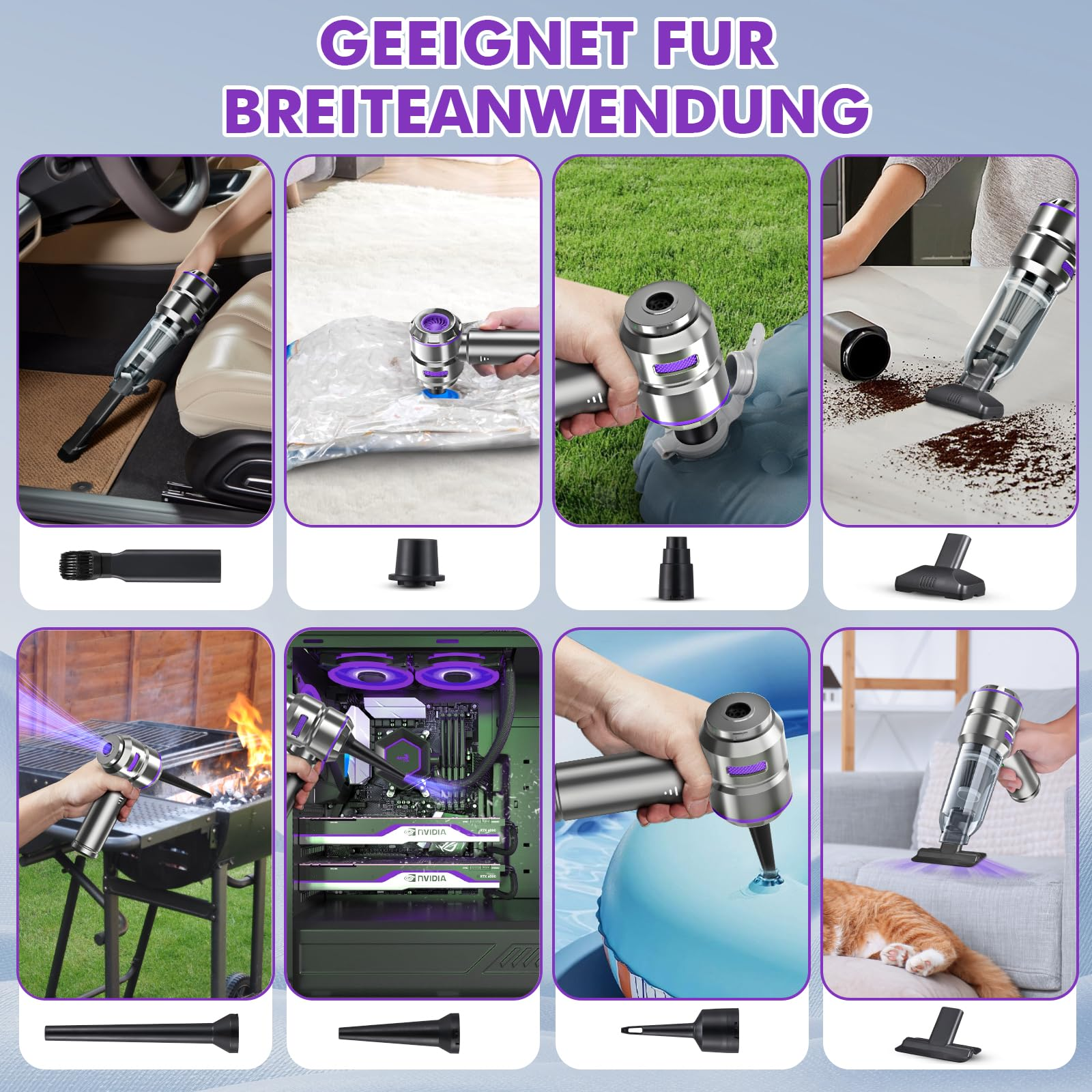 Das Bild zeigt einen Mehrzwecksauger. Szenen umfassen den Innenraum des Autos, Aufblasen, Staubsaugen, Grillen, PC-Reinigung und Haustierbereich.
