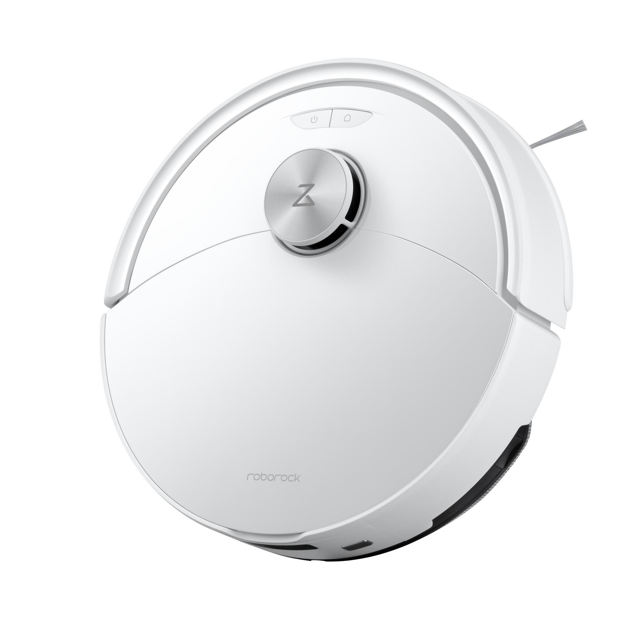 Een witte Roborock robotstofzuiger. Het heeft een cirkelvormig ontwerp met knoppen en een zilveren element.