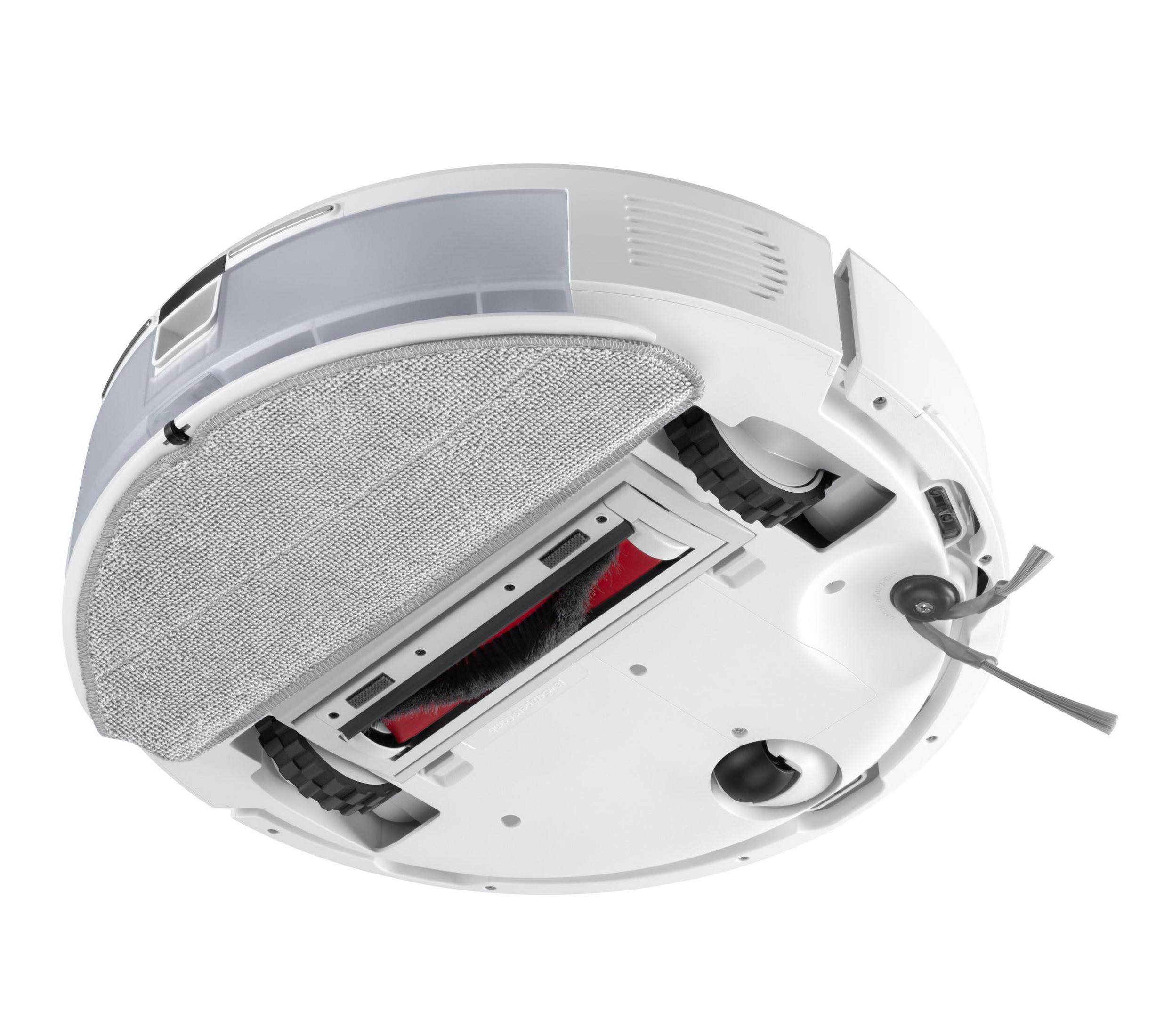 Draufsicht auf einen weißen Roboter-Staubsauger, mit sichtbaren Reinigungskomponenten. Ein graues Wischtuch ist befestigt.