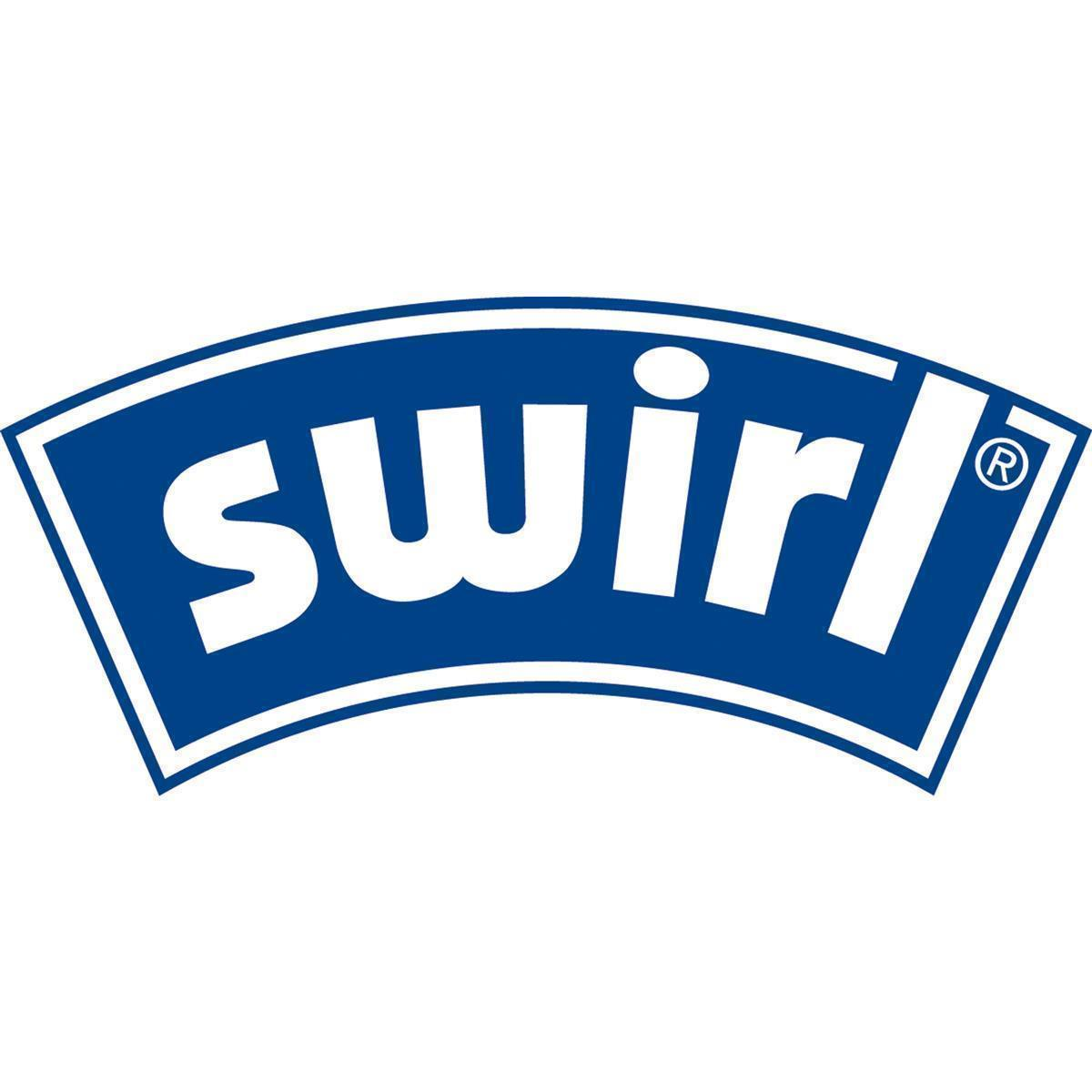Das Swirl-Logo zeigt weißen Text auf blauem Hintergrund. Das Wort „swirl“ ist abgebildet. Ein eingetragenes Warenzeichen ist vorhanden.