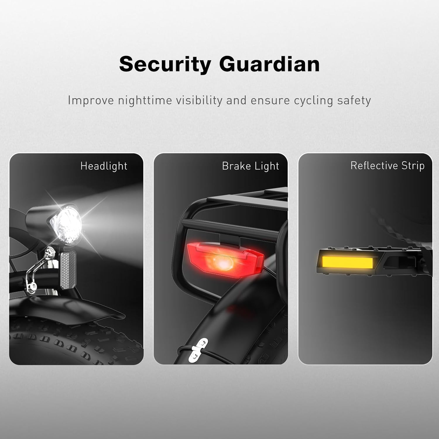 Obraz przedstawia elementy bezpieczeństwa roweru: reflektor, światło hamowania i pasek odblaskowy, zapewniające widoczność i bezpieczeństwo jazdy nocą.