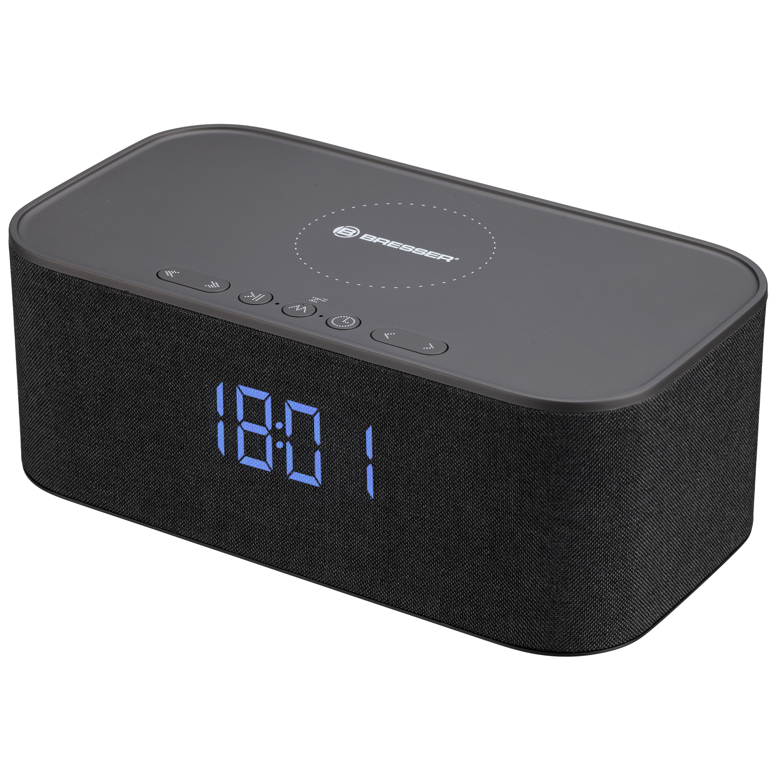 Una sveglia rettangolare nera con display digitale blu che mostra le 18:01. Ha pulsanti e il logo Bresser.