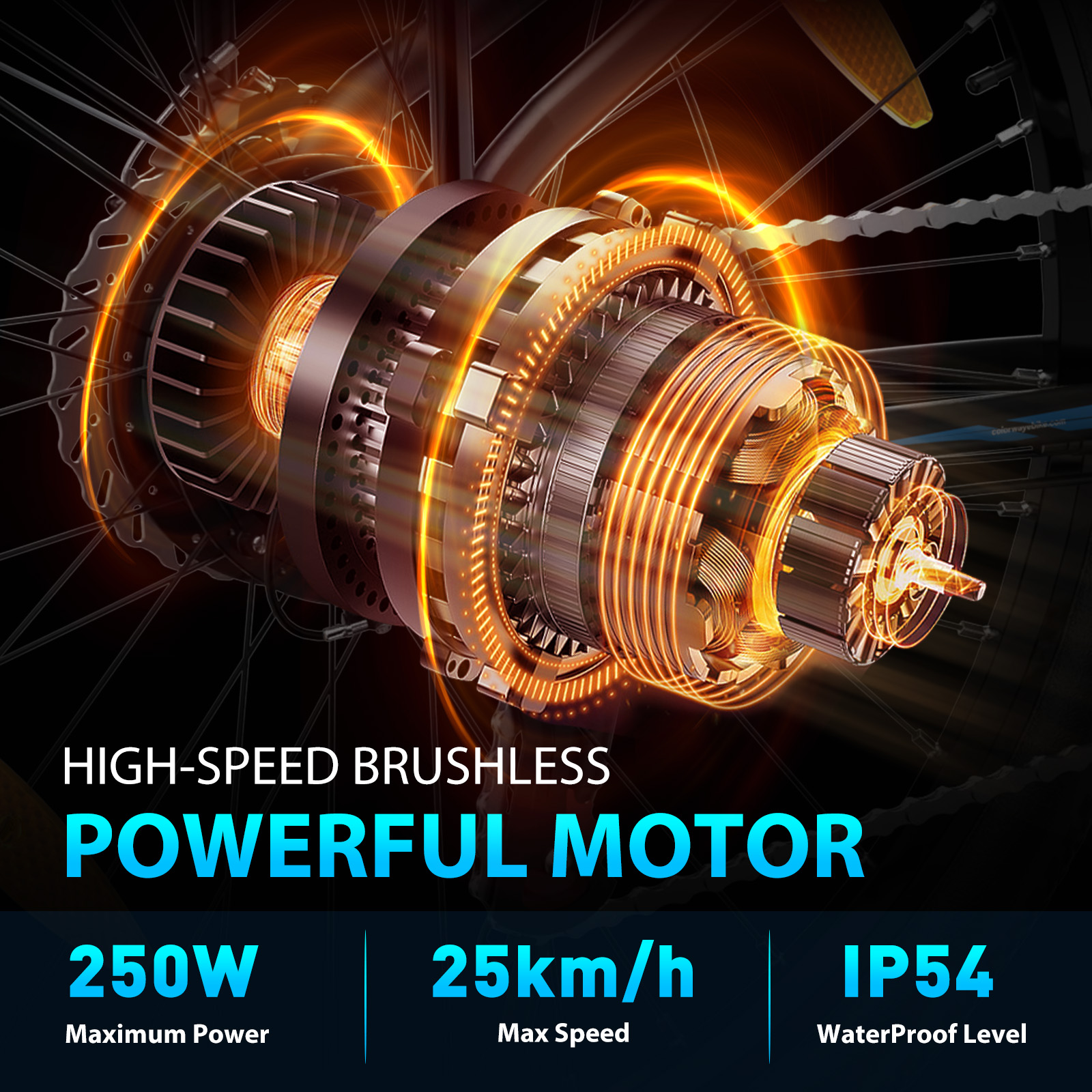 Zbliżenie silnika rowerowego z pomarańczowymi podświetleniami, tekst poniżej: 250W, 25km/h, IP54. Ciemne tło.