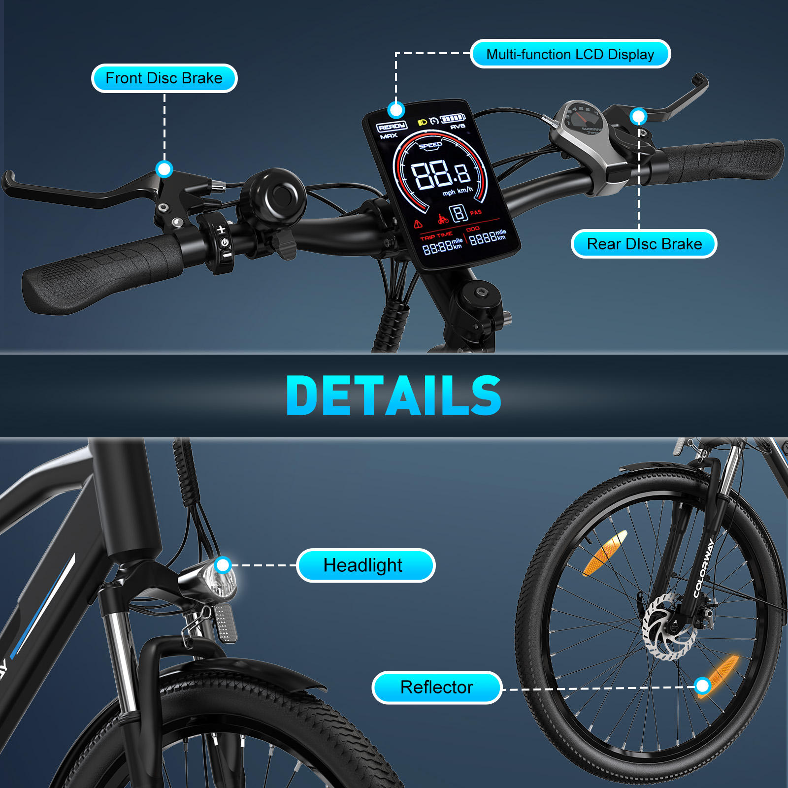 Zbliżenie roweru elektrycznego pokazujące szczegóły, takie jak przednie i tylne hamulce tarczowe, wielofunkcyjny wyświetlacz LCD, reflektor i odblask.