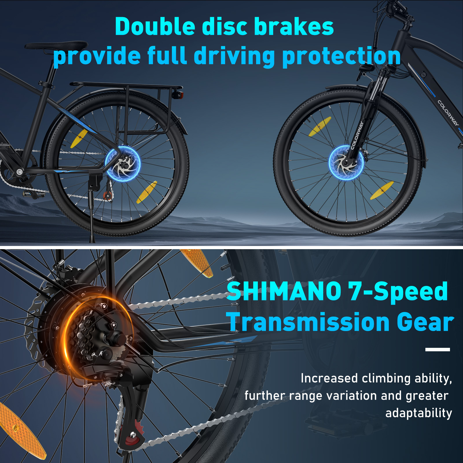 E-bike z podwójnymi hamulcami tarczowymi i 7-biegową przerzutką Shimano. Zawiera zdolność wspinania się i adaptację.