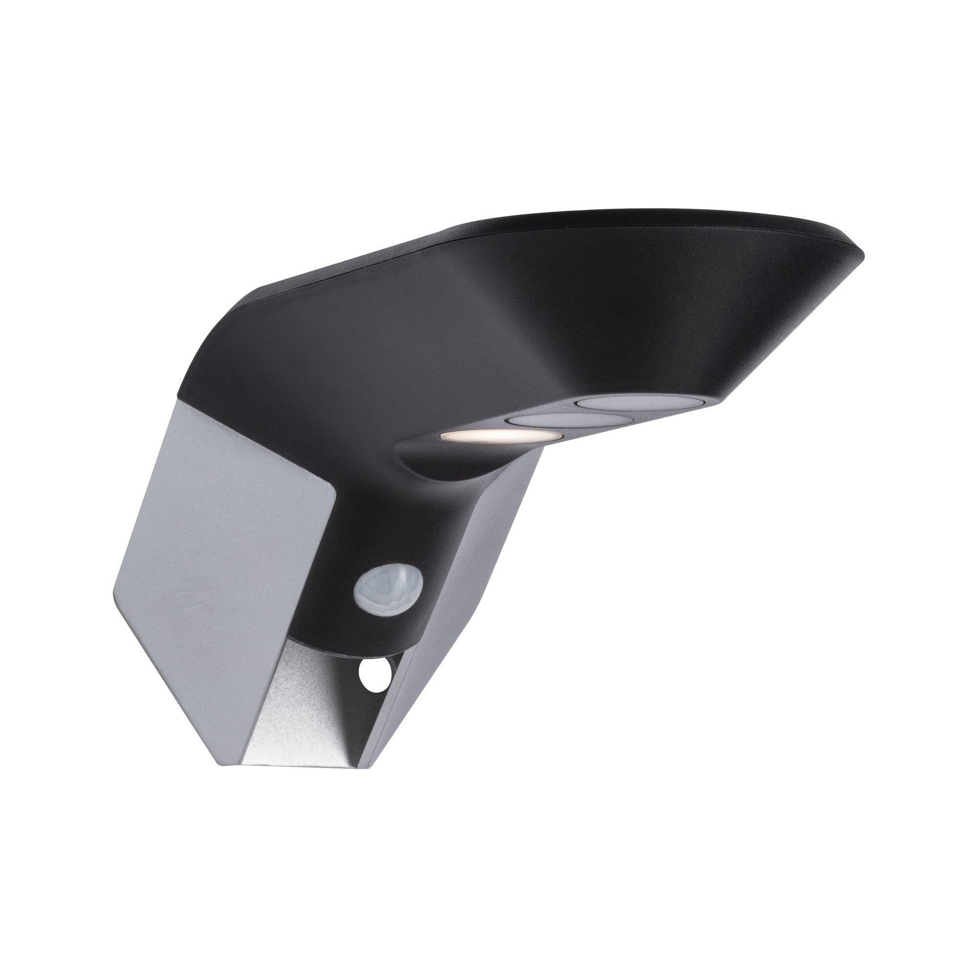 Nowoczesna czarno-srebrna oprawa oświetleniowa zewnętrzna z dwoma światłami i czujnikiem ruchu na białym tle.