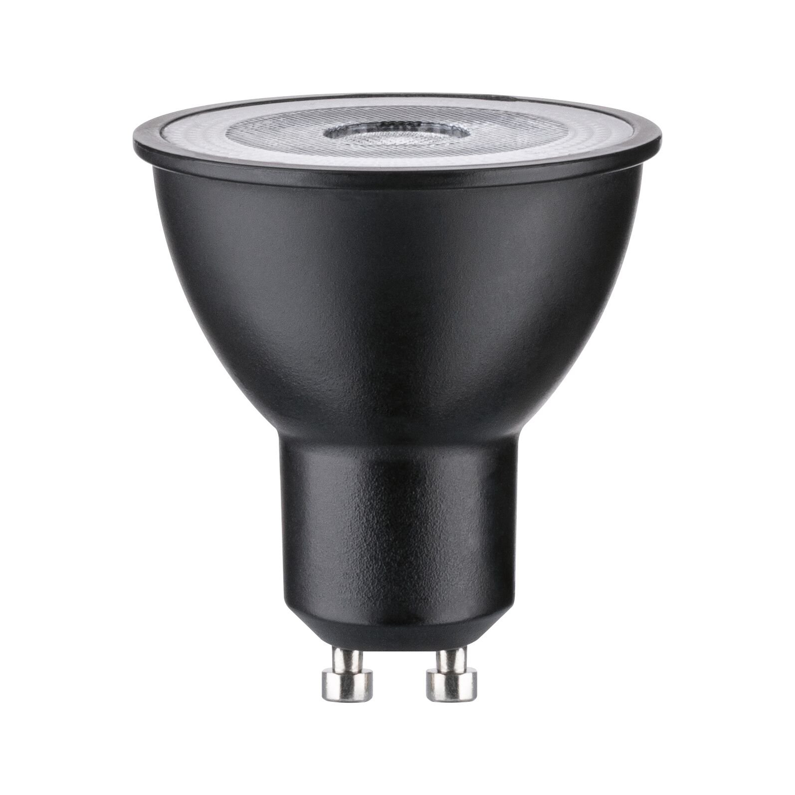 Eine schwarze LED-Spotlight-Glühbirne. Sie hat eine breite Oberseite mit einem Netzgitter, einen konischen Körper und zwei silberne Stifte am Sockel.