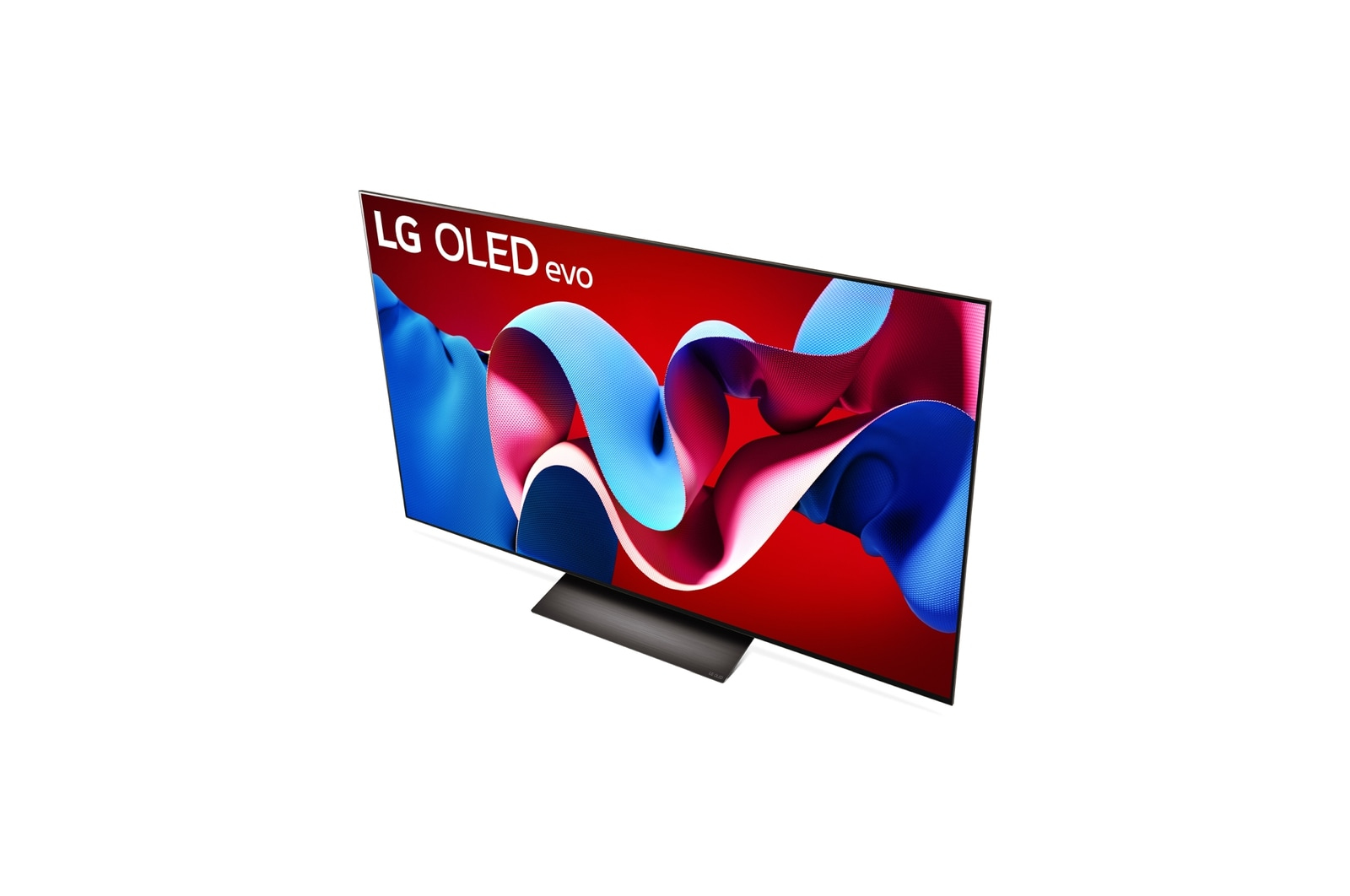 Ein geneigter LG OLED evo Fernseher. Der Bildschirm zeigt ein farbenfrohes abstraktes Design vor rotem Hintergrund. Der Fernseher hat einen dunklen Standfuß.