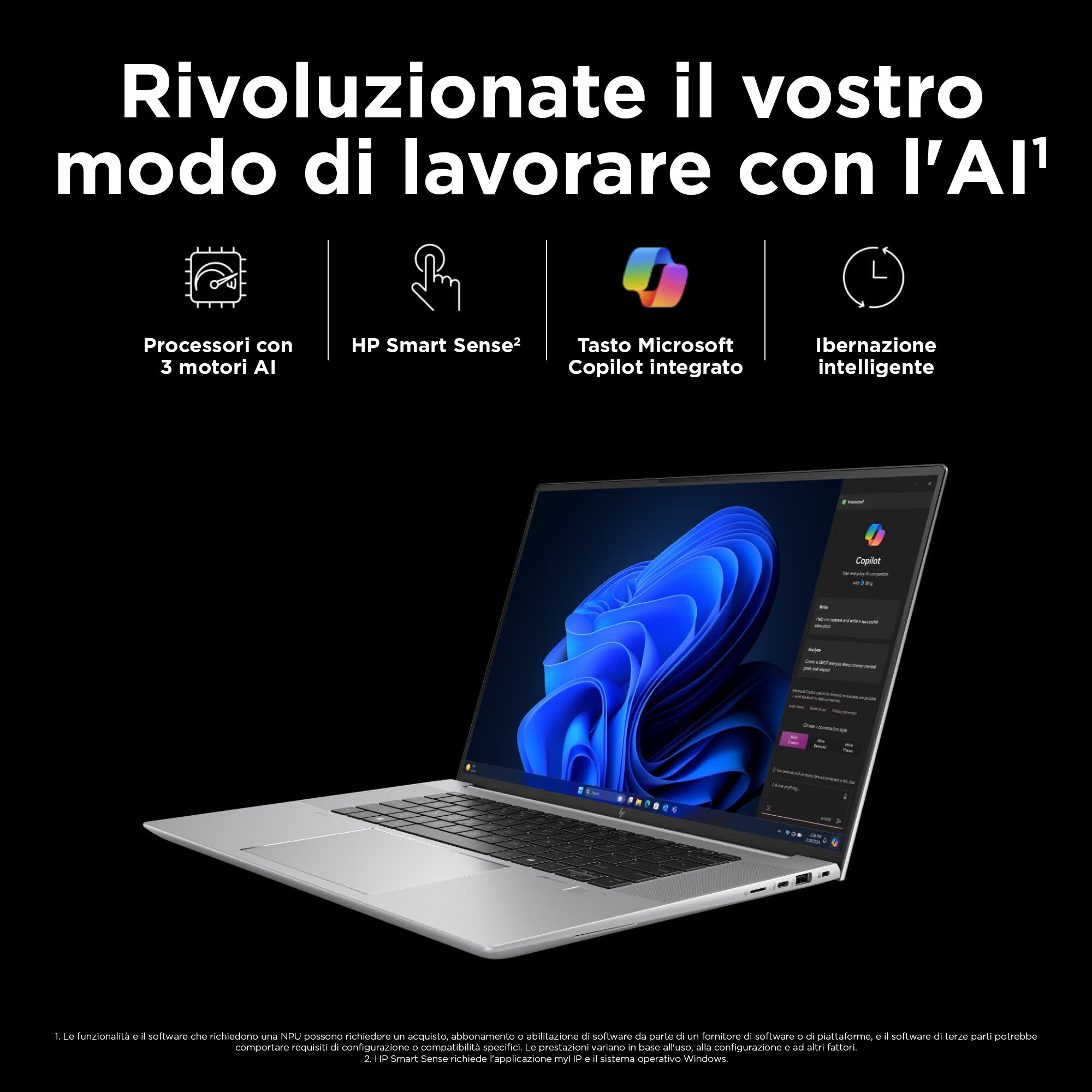Un laptop argento mostra un'immagine astratta blu. Ha il testo 'Rivoluzionate il vostro modo di lavorare con l'AI'.