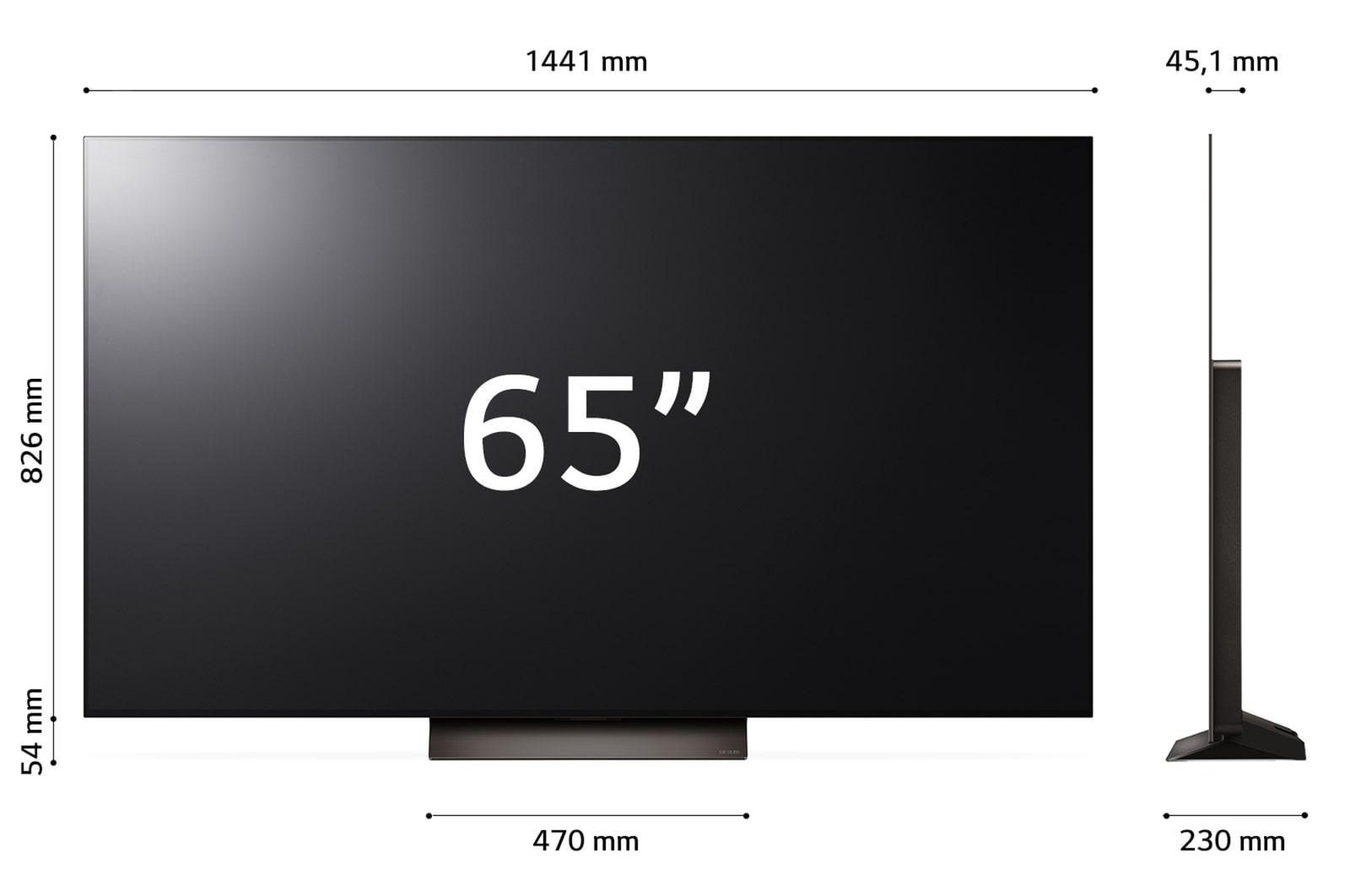 Ein 65-Zoll-Fernseher mit angegebenen Abmessungen. Die Vorderansicht zeigt den Bildschirm mit "65" in Weiß. Seitenansicht zeigt die Dicke.