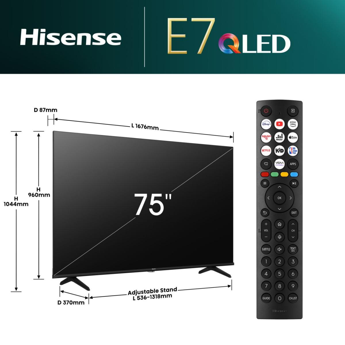Wyświetlany jest 75-calowy telewizor Hisense E7QLED z wymiarami. Pilot znajduje się po prawej stronie. Telewizor ma regulowaną podstawę.