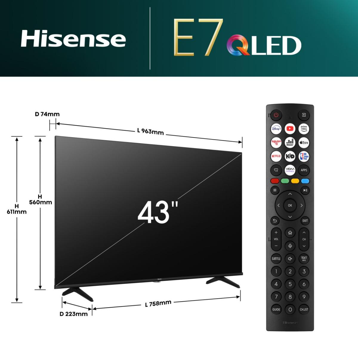 Telewizor Hisense E7QLED 43" z wymiarami. Pilot po prawej stronie. Telewizor jest czarny ze srebrnymi nóżkami.