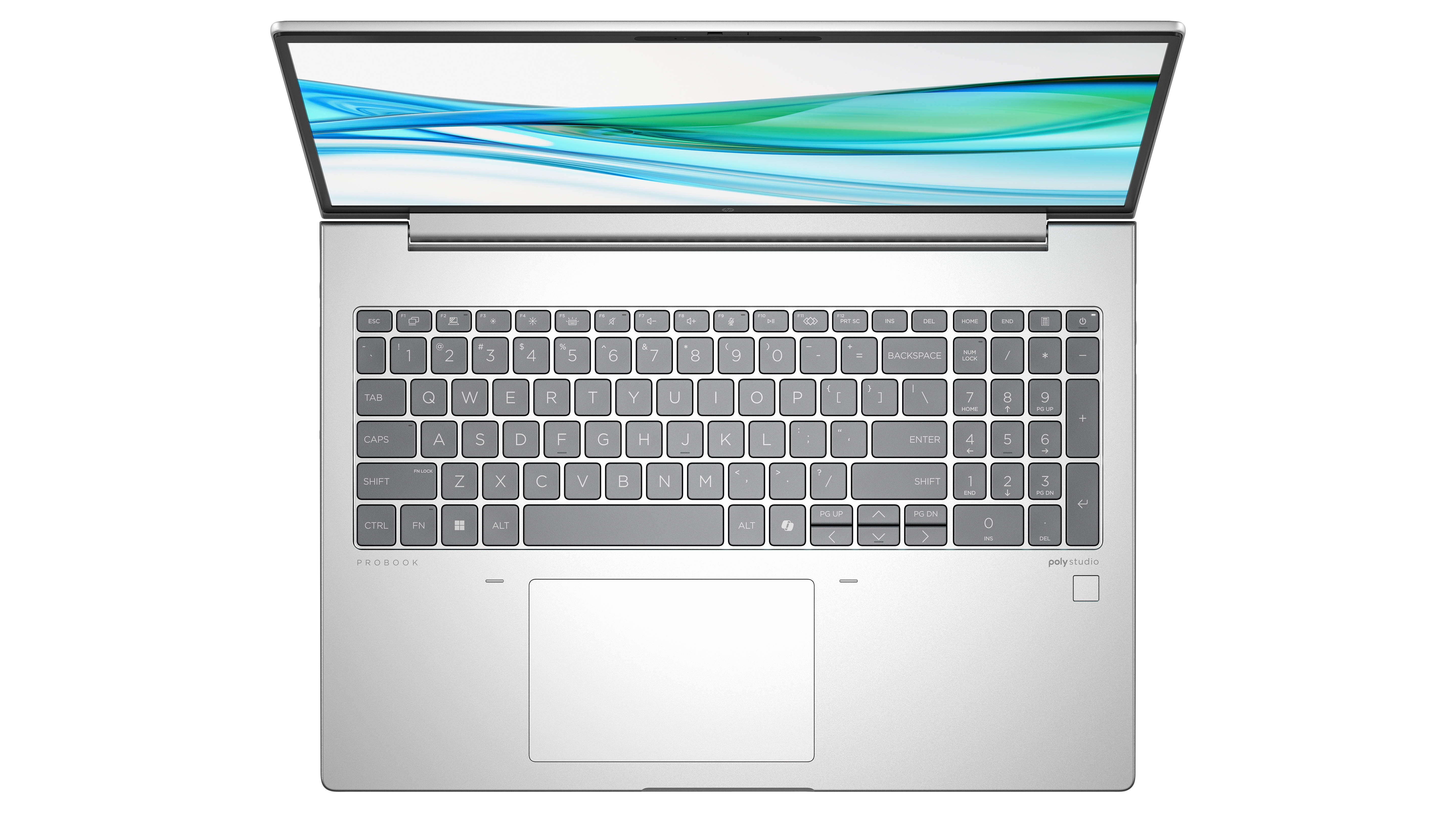 Srebrny laptop, otwarty. Widoczna klawiatura, z szarymi klawiszami i białymi etykietami. Ekran wyświetla niebieski i zielony wzór.