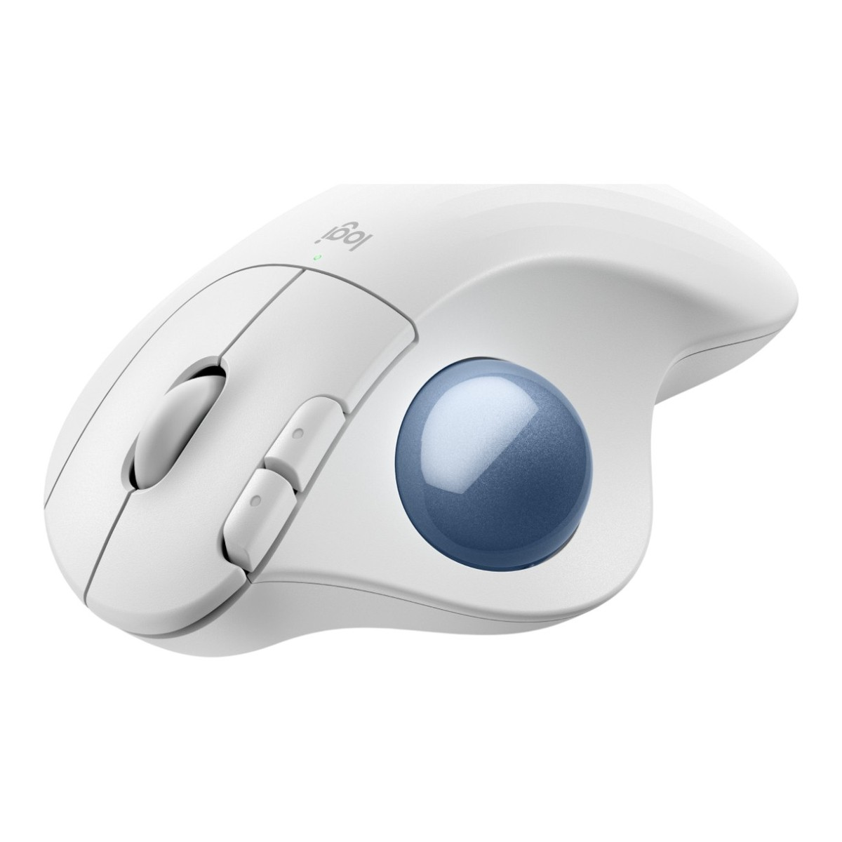 Biała mysz trackball Logitech z niebieską kulką. Posiada przyciski i kółko przewijania. Tło jest białe.