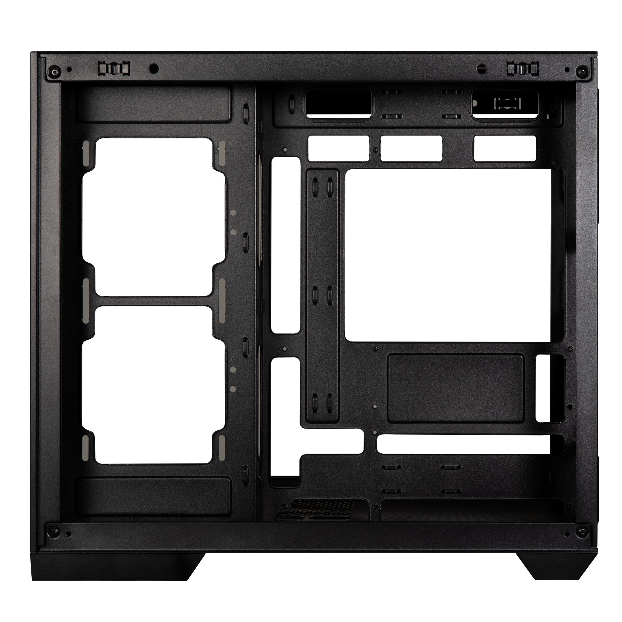 Interno nero di un case per computer con varie aperture per componenti. Il case è vuoto, mostrando la sua struttura interna.