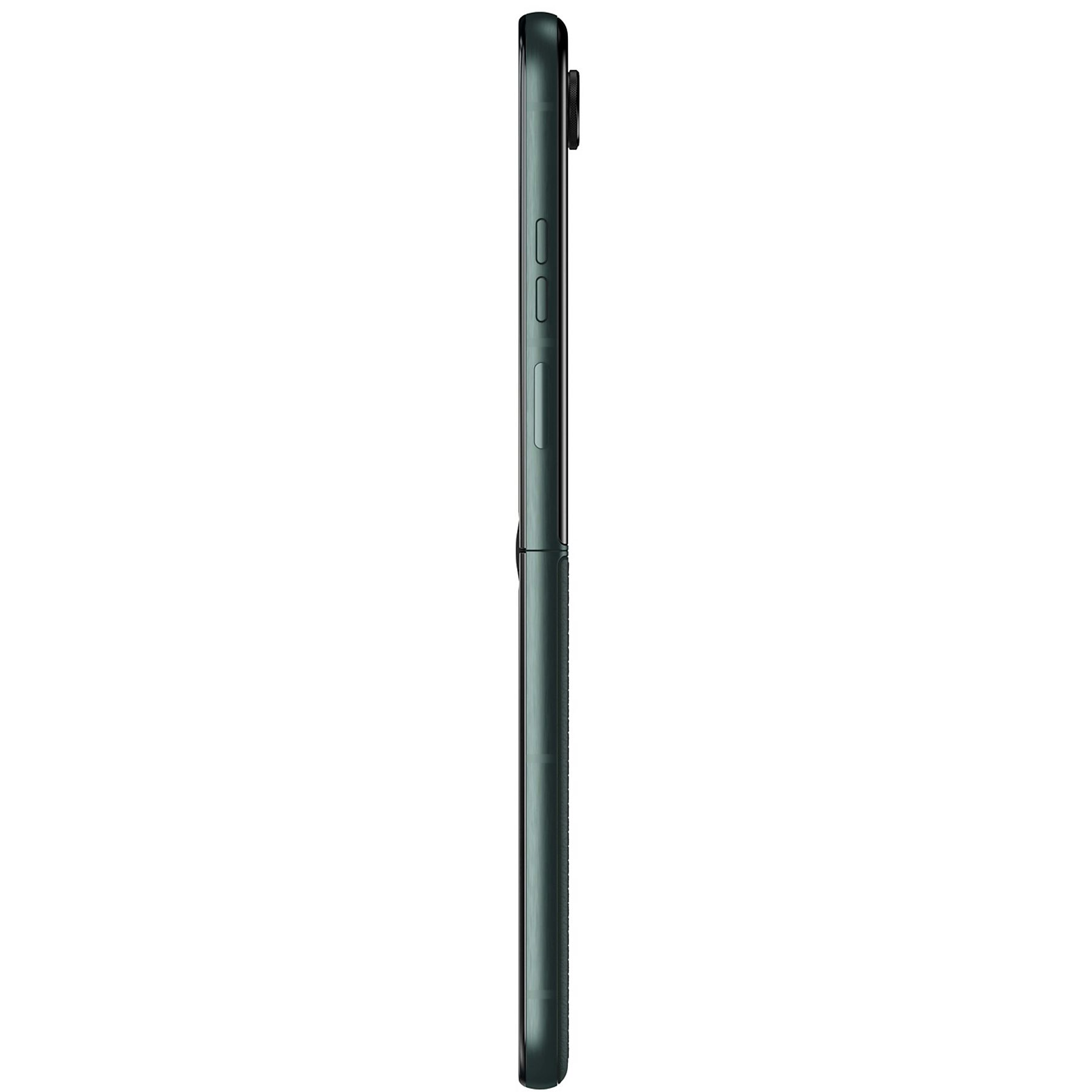 Side view of a folded dark green smartphone. The phone has buttons on the right side and a camera bump.