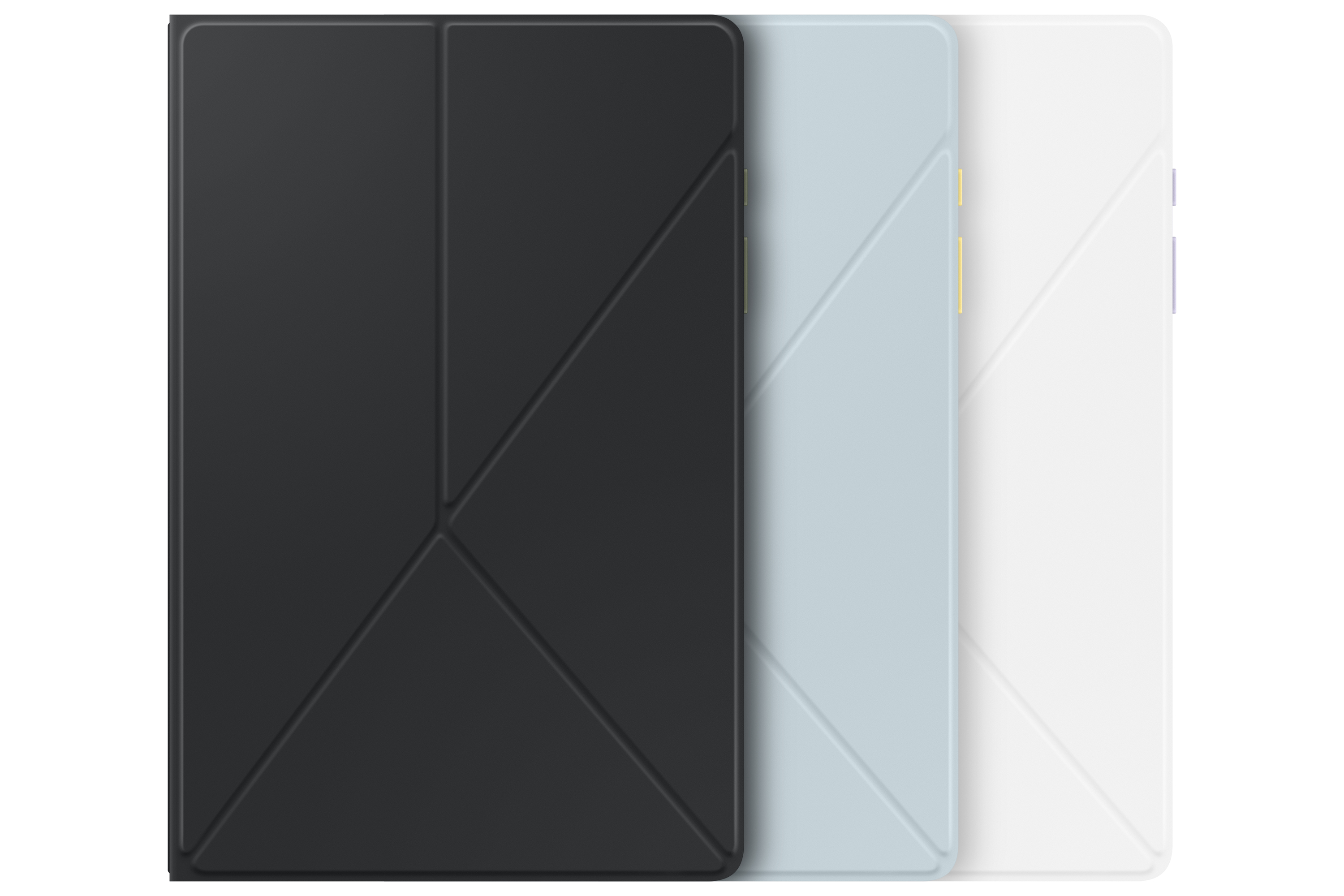 Trzy etui na tablety w kolorze czarnym, jasnoniebieskim i białym. Każdy ma składaną konstrukcję i przycisk z boku.