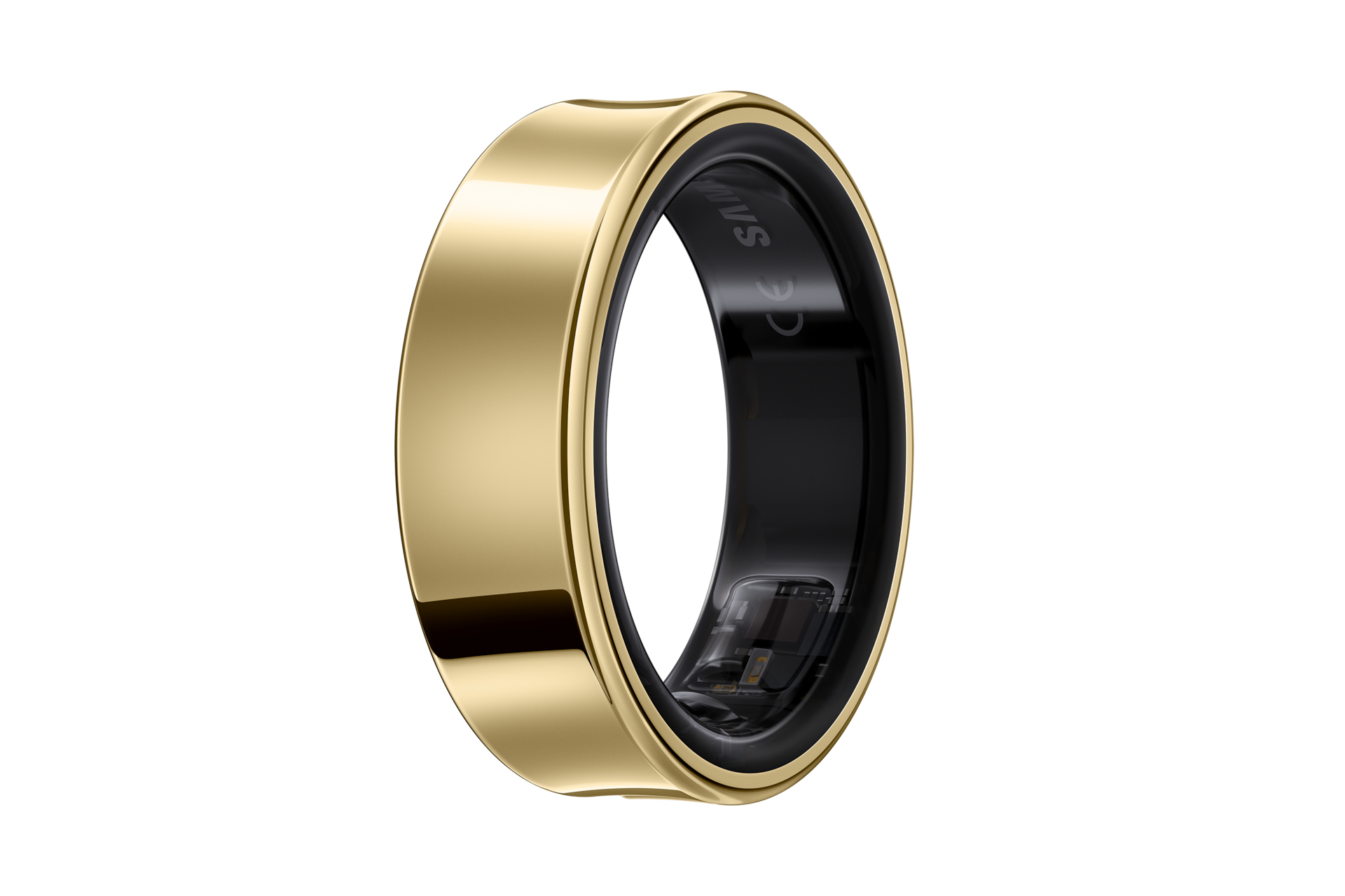 Ein goldener intelligenter Ring auf weißem Hintergrund. Er hat eine schwarze Innenseite. Der Ring ist glatt und rund.