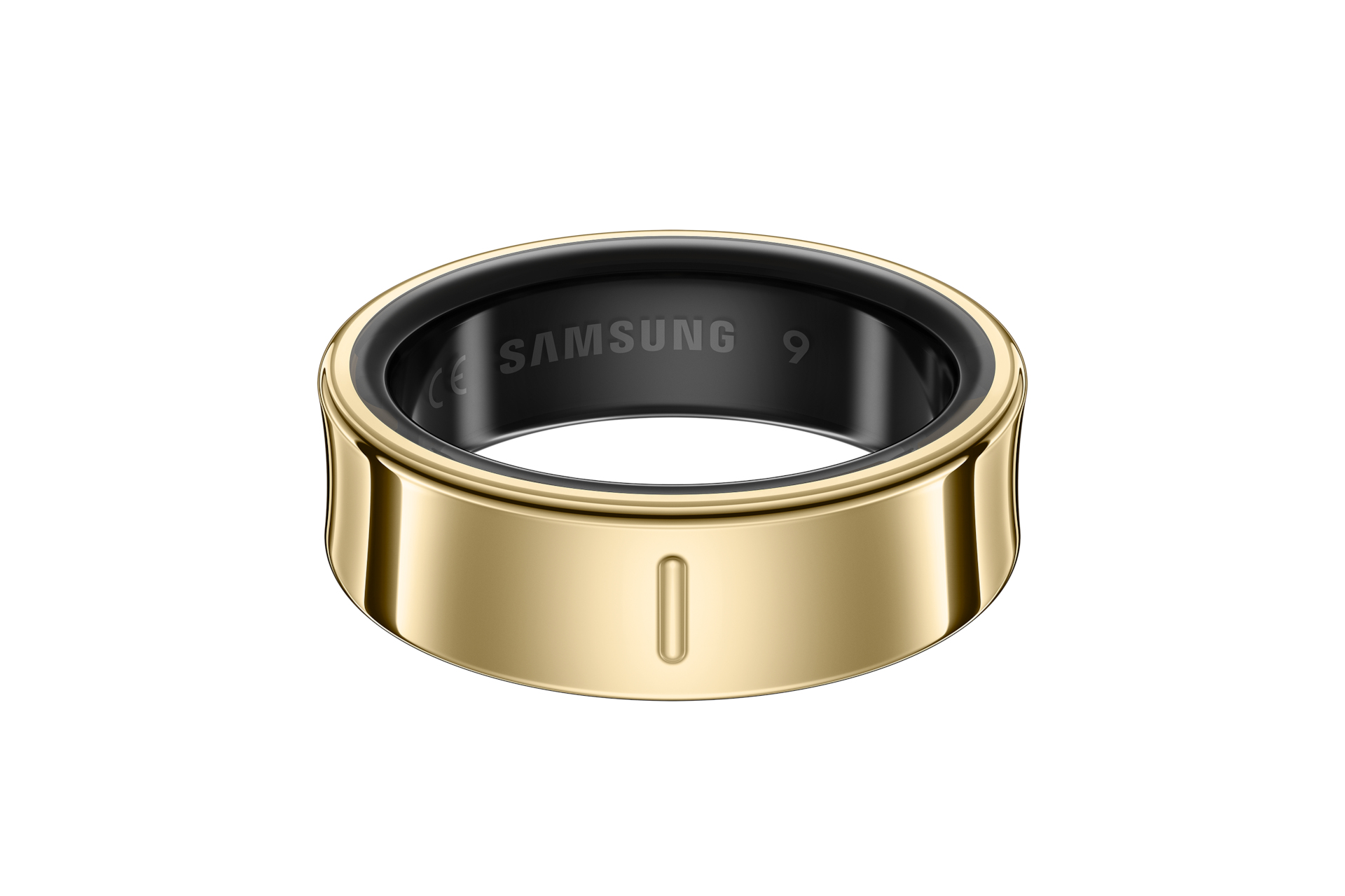 Ein goldener Samsung Smart Ring. Der Ring hat einen schwarzen Innenring und ein goldenes Außenband. Das Samsung-Logo ist sichtbar.
