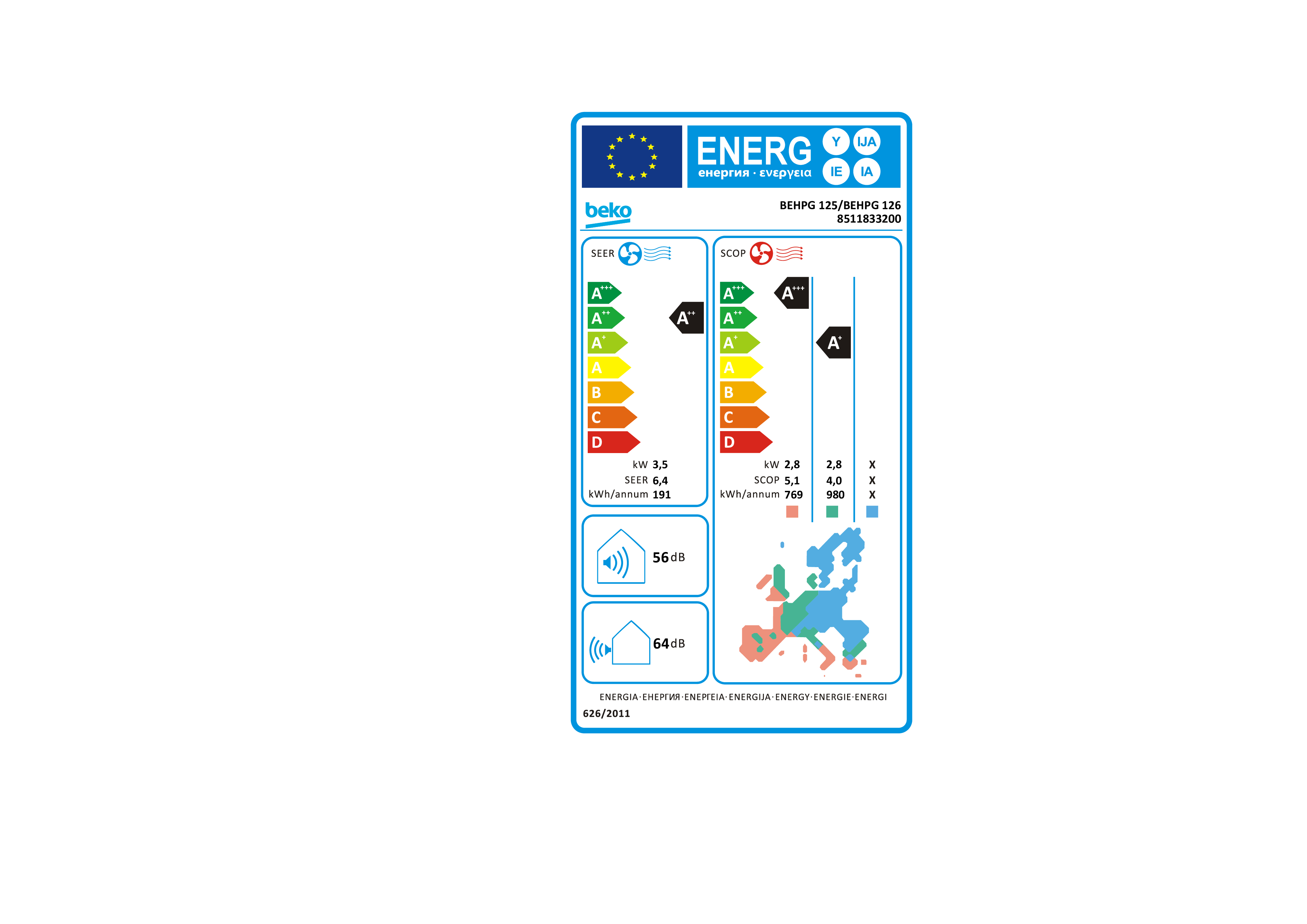Etiqueta energética con clases A+++ a D, detalles sobre SEER, SCOP y consumo de energía.