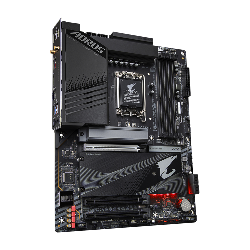 Scheda madre AORUS nera su sfondo bianco. Include slot, porte e il logo AORUS.