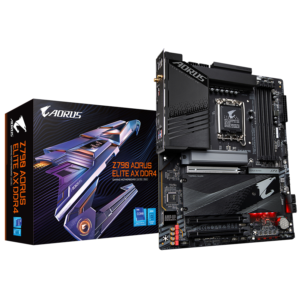 Una scheda madre da gioco Z790 AORUS Elite AX DDR4 nera e grigia e la sua scatola. La scatola ha disegni blu e viola.