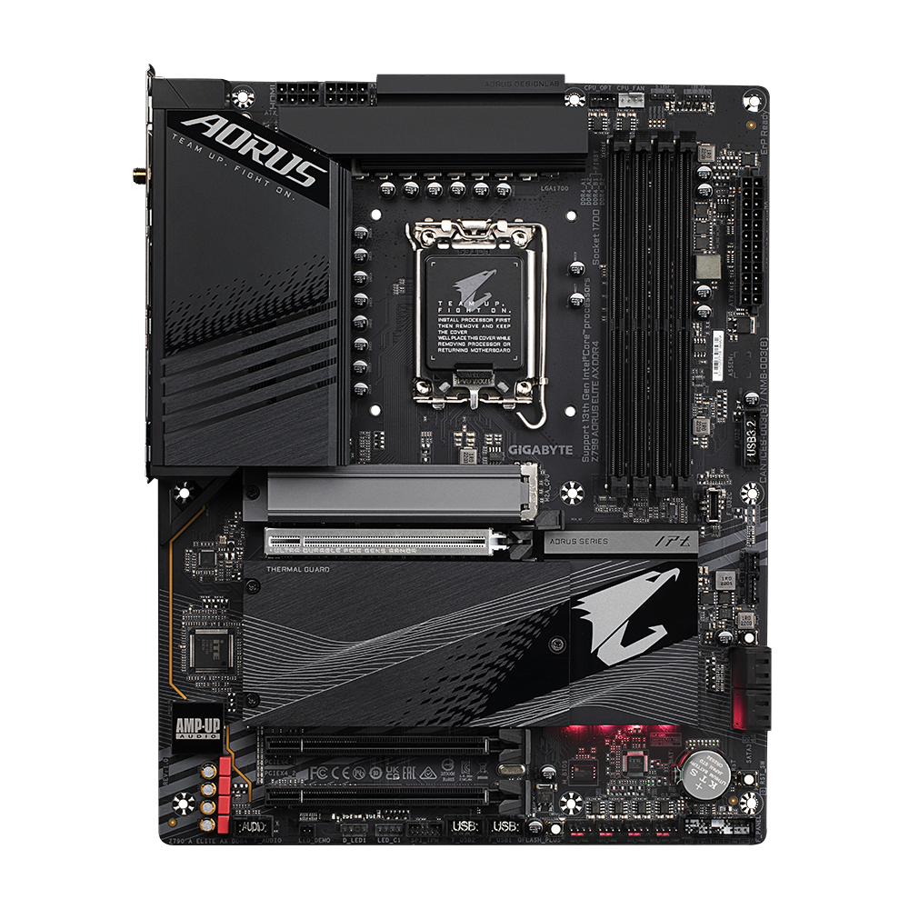 Una scheda madre Aorus Z790 nera e grigia. Include socket CPU, slot RAM, slot PCIe e il logo Aorus.