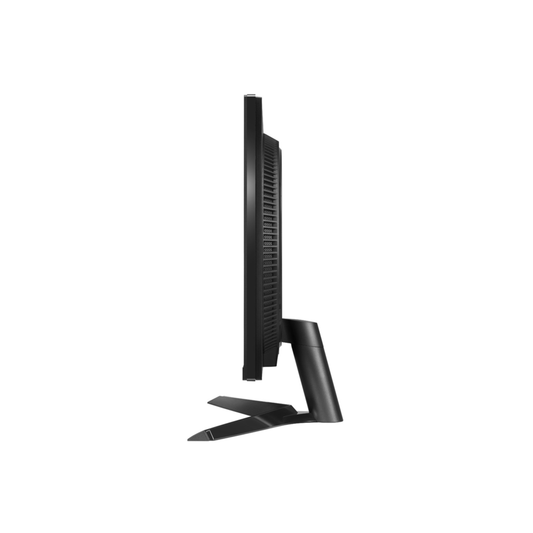 Widok z boku czarnego monitora komputera na białym tle. Monitor ma podstawę i jest obrócony bokiem.