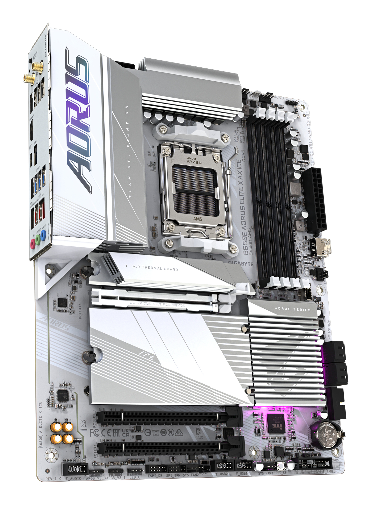 Una scheda madre AORUS B650E ELITE X ICE bianca e grigia. Presenta socket CPU, slot RAM e più porte.