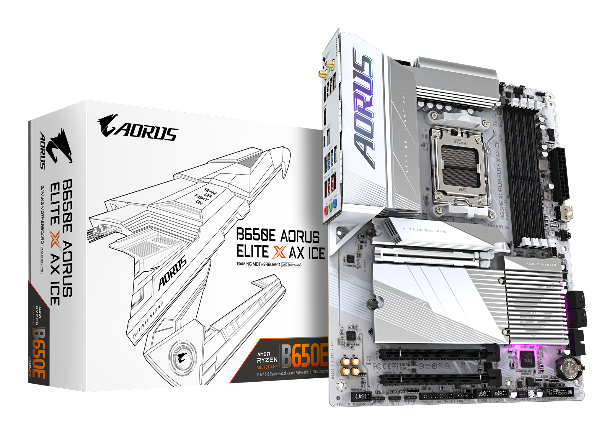 Una scatola della scheda madre del computer e la scheda madre stessa sono visualizzate. La scheda madre è bianca e grigia, con il marchio AORUS.