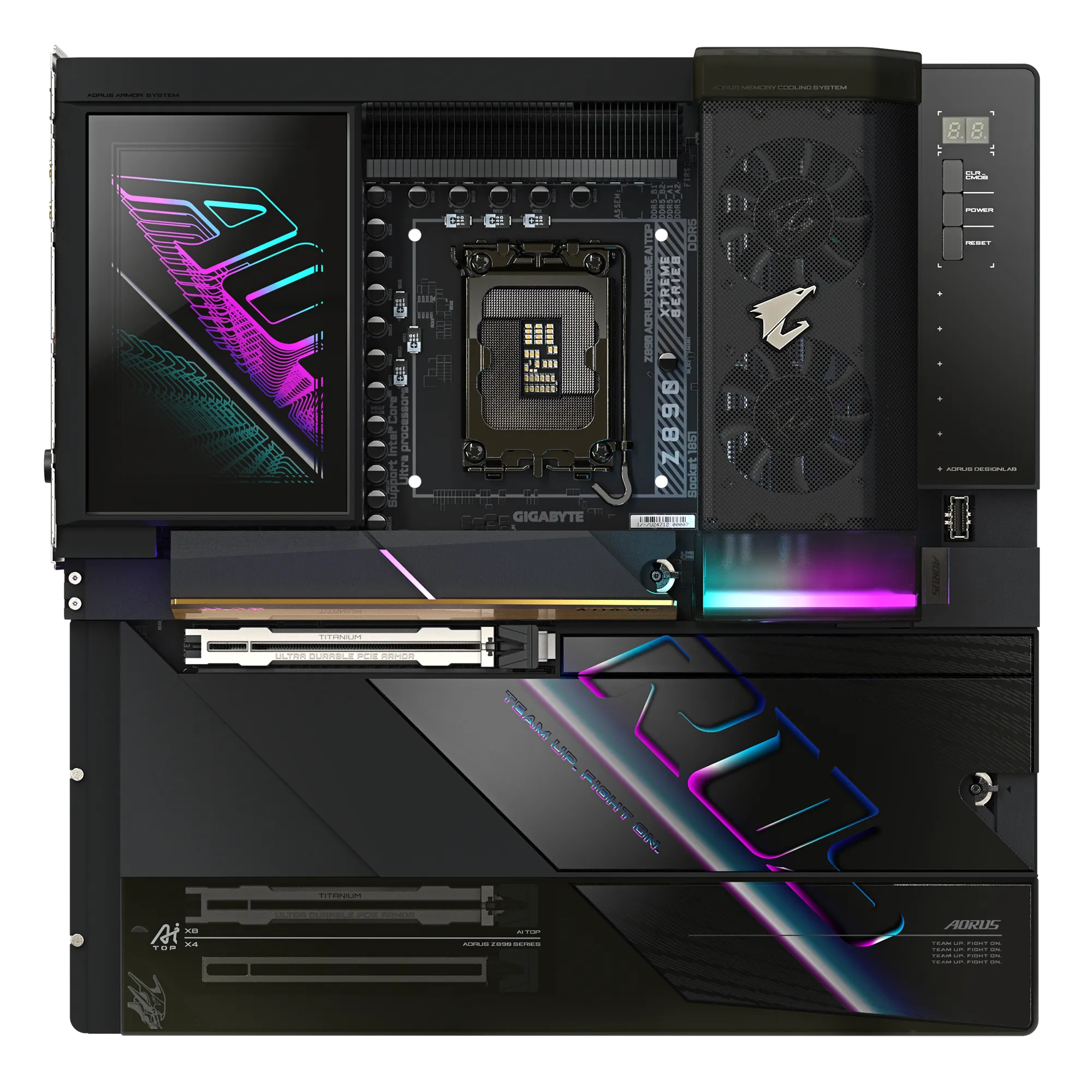 A black and gray computer motherboard with neon accents. Features include a CPU socket, RAM slots, and a cooling system.