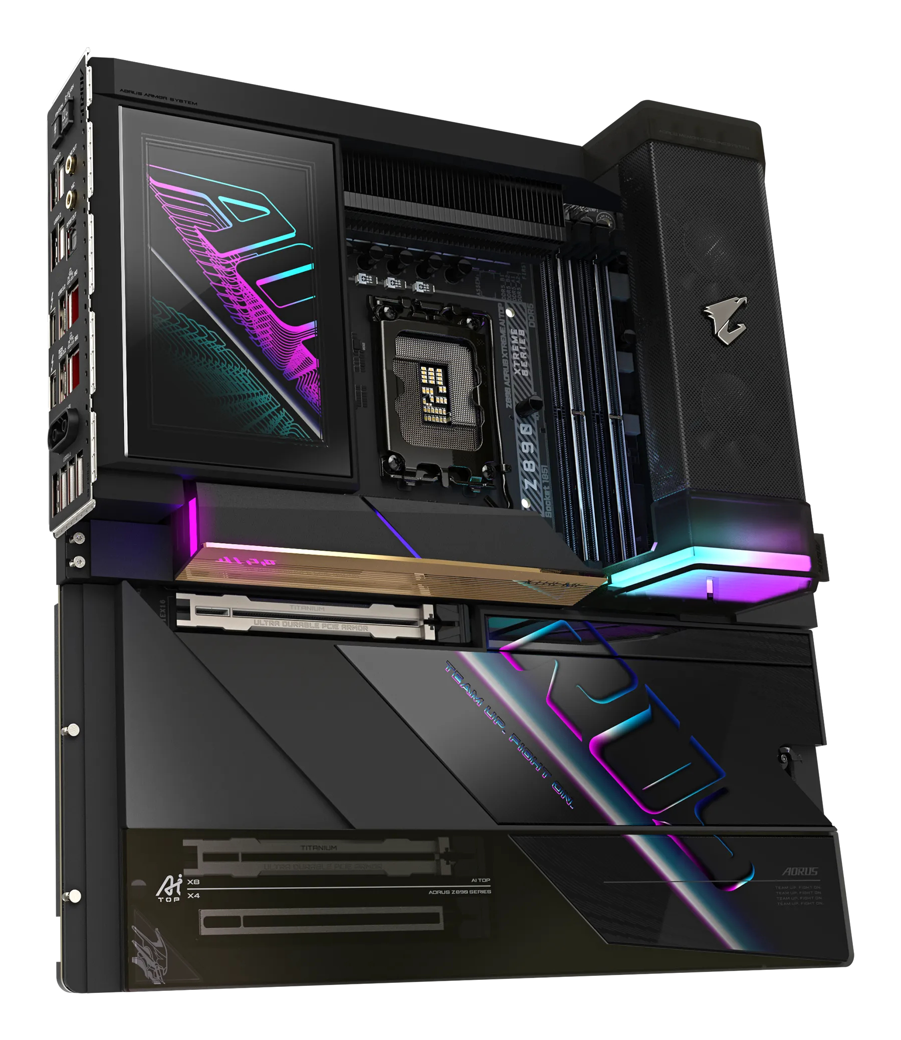 A black and silver computer motherboard with neon accents. Features include CPU socket, RAM slots, and the AORUS logo.