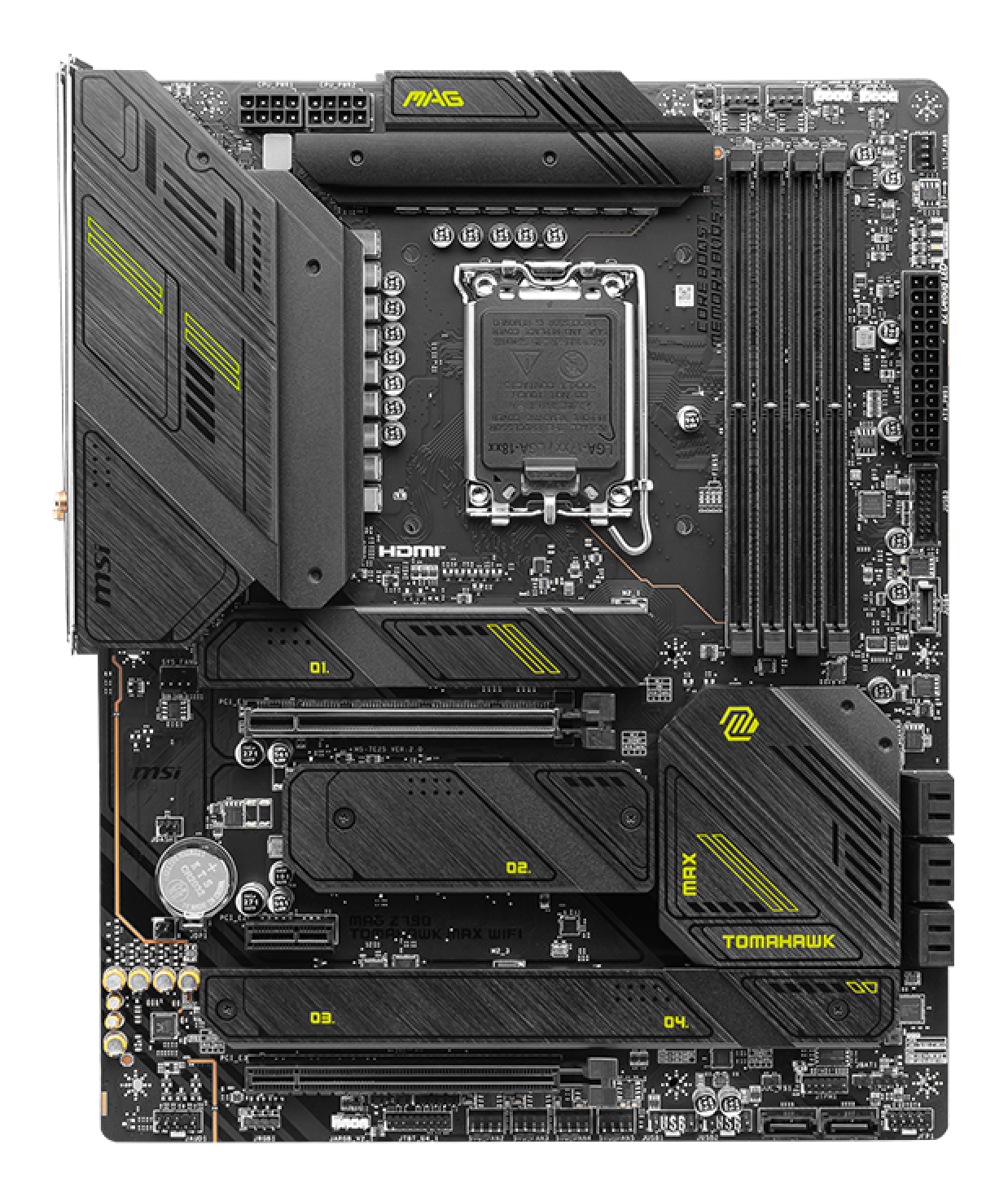 Scheda madre nera MSI MAG Z690 Tomahawk Max WiFi con dettagli gialli. Include slot, porte e il logo MSI.