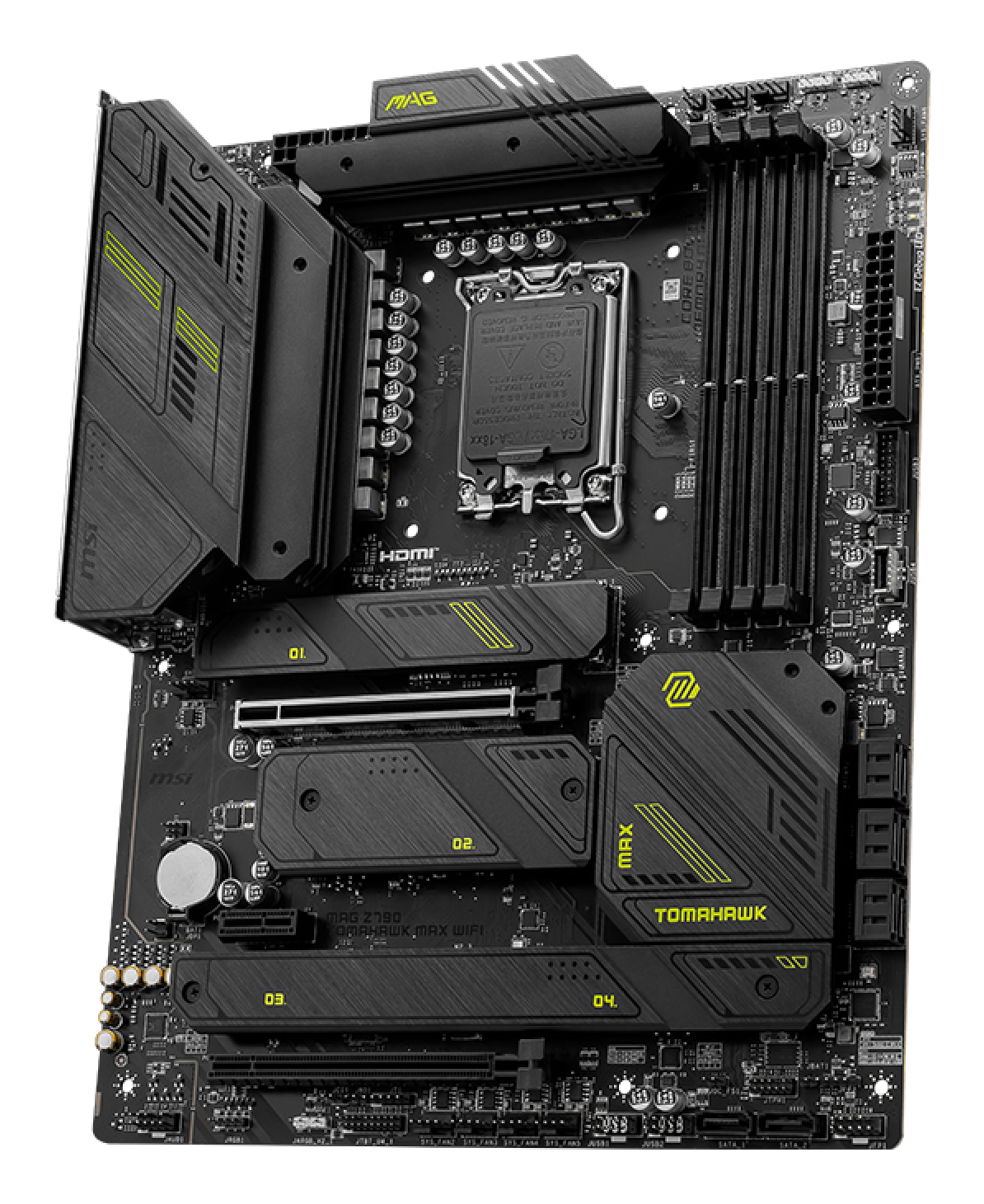 Una scheda madre nera MSI MAG Z790 Tomahawk MAX WIFI con dettagli gialli. Include slot per componenti e il logo MSI.