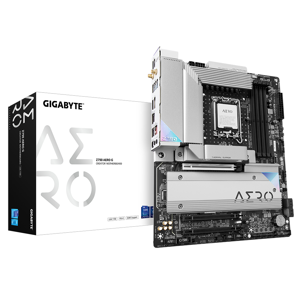Una placa base Gigabyte Z790 AERO G Creator y una caja sobre un fondo blanco. La placa base es plateada y negra. La caja es blanca y negra.