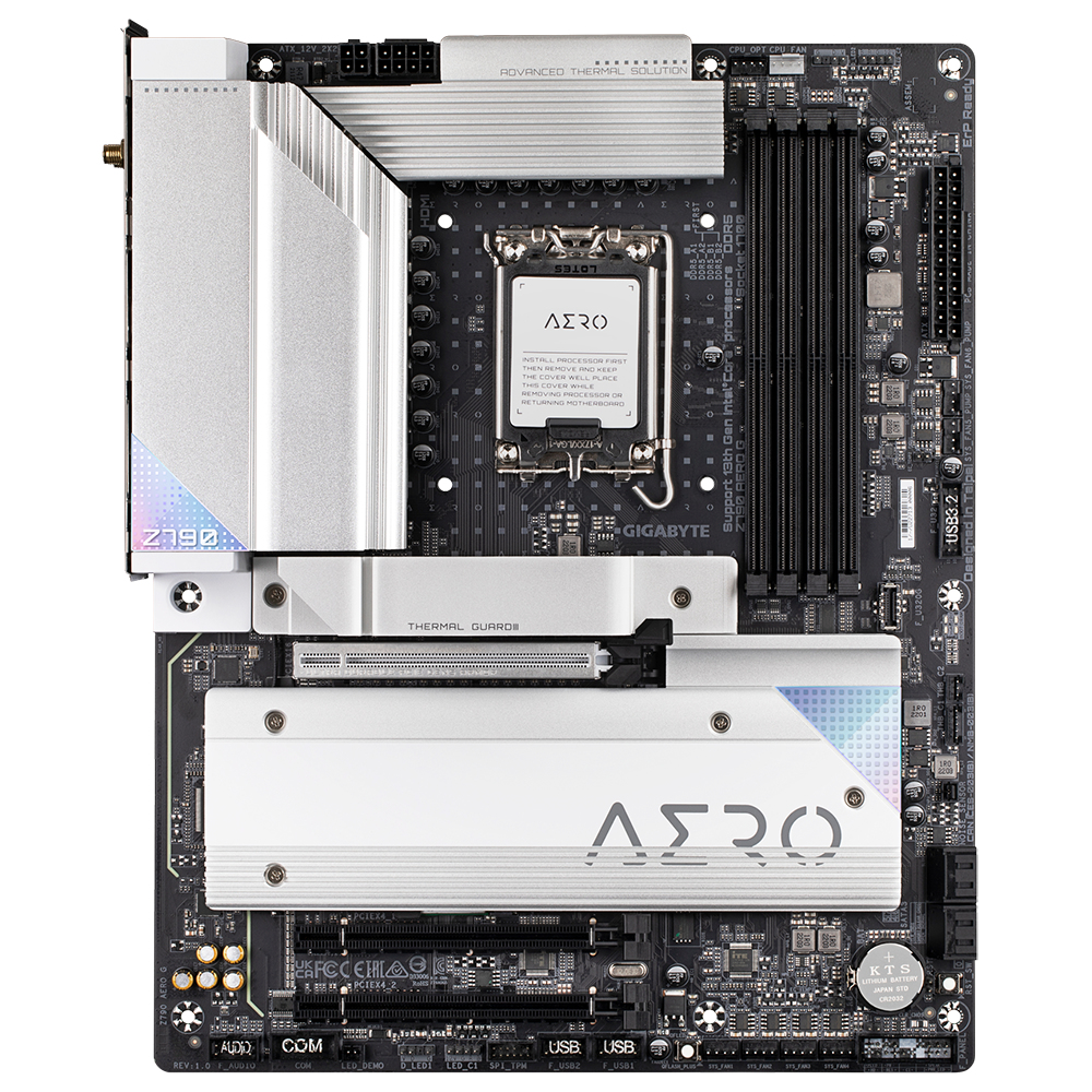 Una placa base Gigabyte Z790 AERO G negra y plateada. Presenta varios puertos, ranuras y soluciones térmicas. El logotipo AERO es prominente.