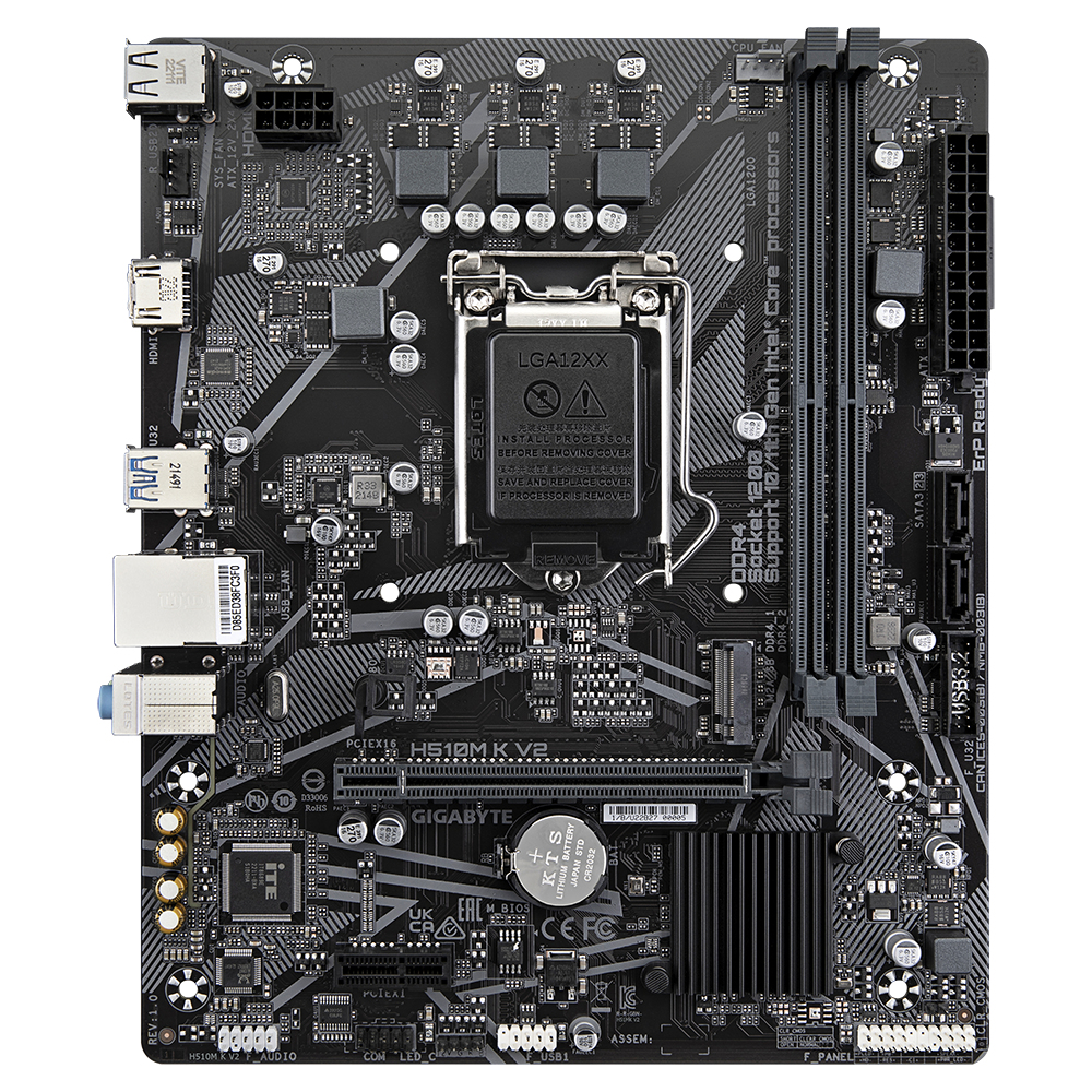 Schwarzes Computer-Motherboard mit verschiedenen Komponenten, Steckplätzen und Anschlüssen. Merkmale sind CPU-Sockel, RAM-Steckplätze und Chipsatz.