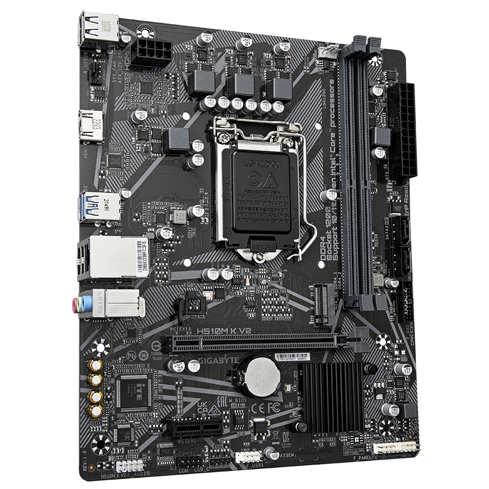 Eine schwarze Computer-Hauptplatine mit verschiedenen Komponenten und Anschlüssen, einschließlich CPU-Sockel und RAM-Steckplätze.