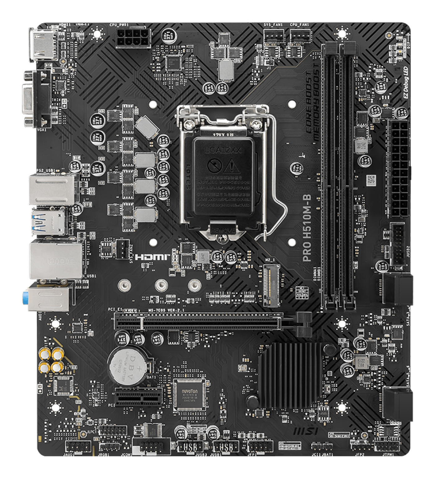 Scheda madre nera MSI PRO H510M-B. Componenti: socket CPU, slot RAM, varie porte e chip.