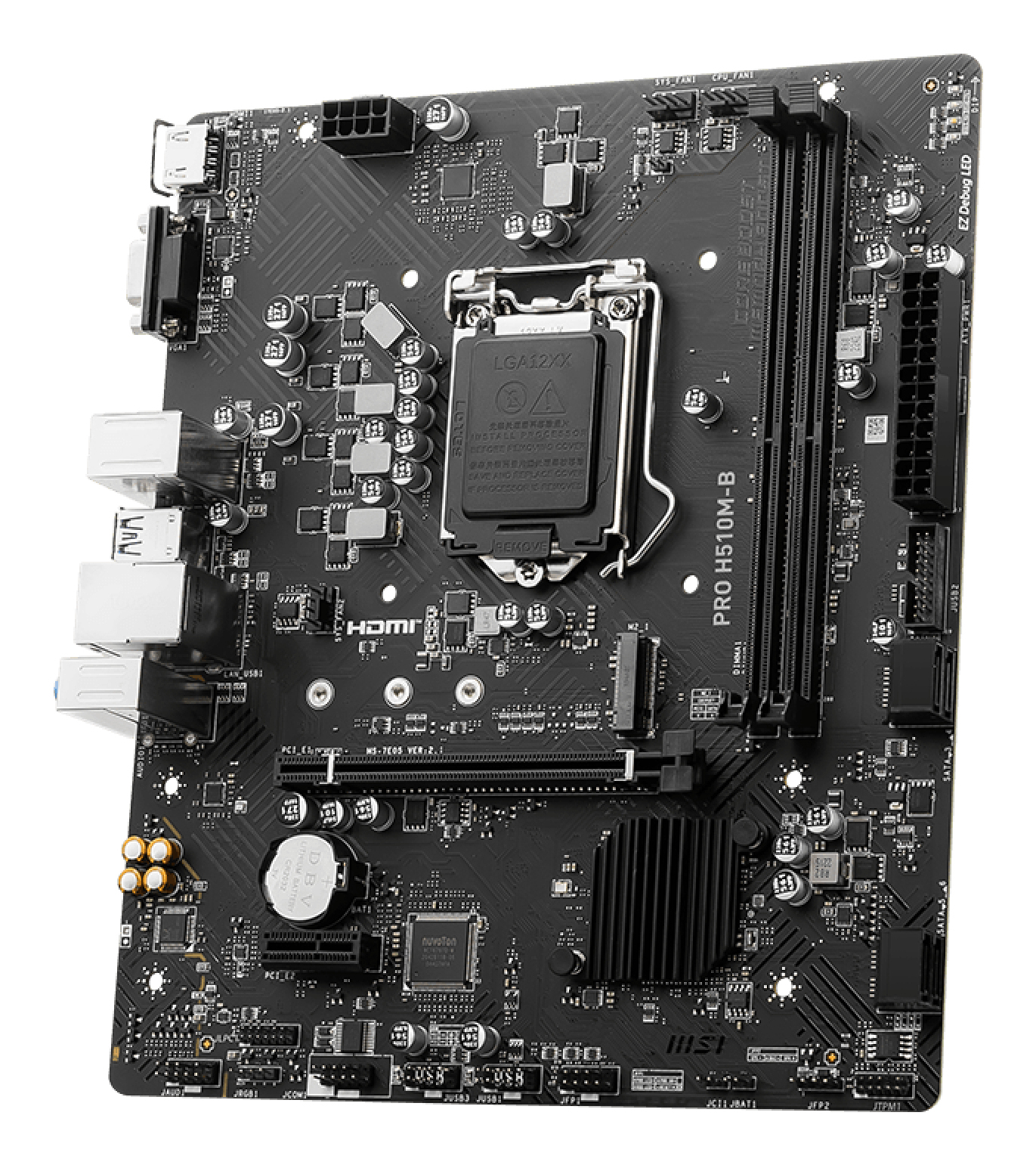 Scheda madre per computer nera con vari componenti, tra cui un socket CPU, slot RAM e connettori. La scheda ha etichette e testo.