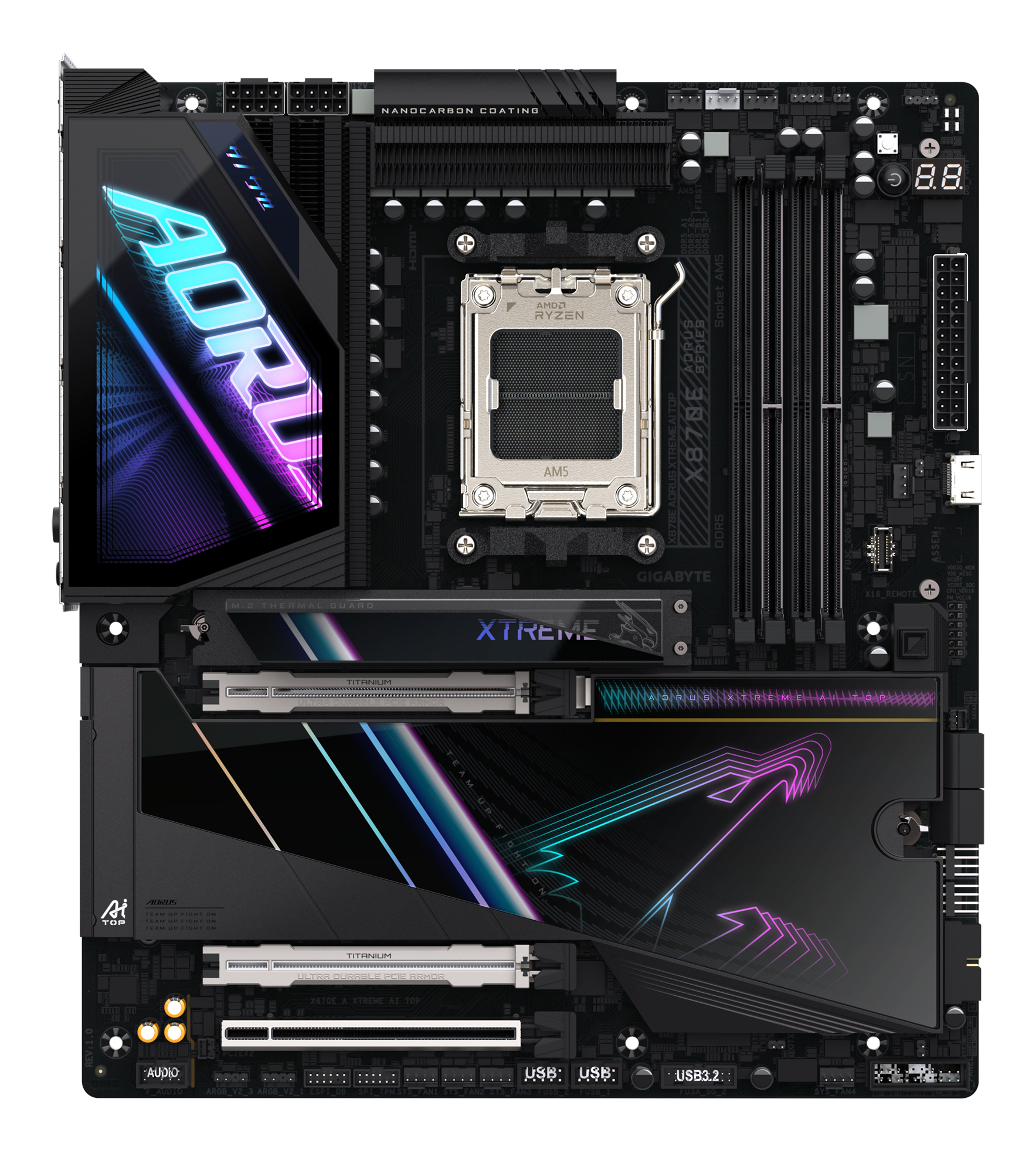 Czarna płyta główna z logo AORUS. Zawiera gniazdo CPU, sloty RAM i porty. Tekst zawiera 'XTREME'.