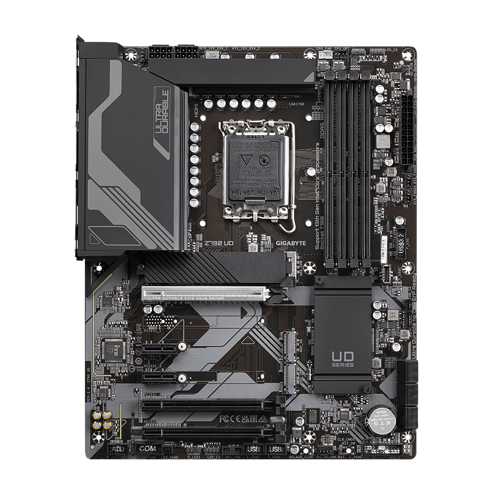 Una placa base Gigabyte Z790 UD negra y gris con varios conectores y componentes.
