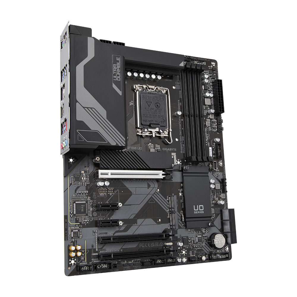 Una placa base Gigabyte UD series negra y gris. Incluye el zócalo LGA-1700, la marca Ultra Durable y varias ranuras y conectores.