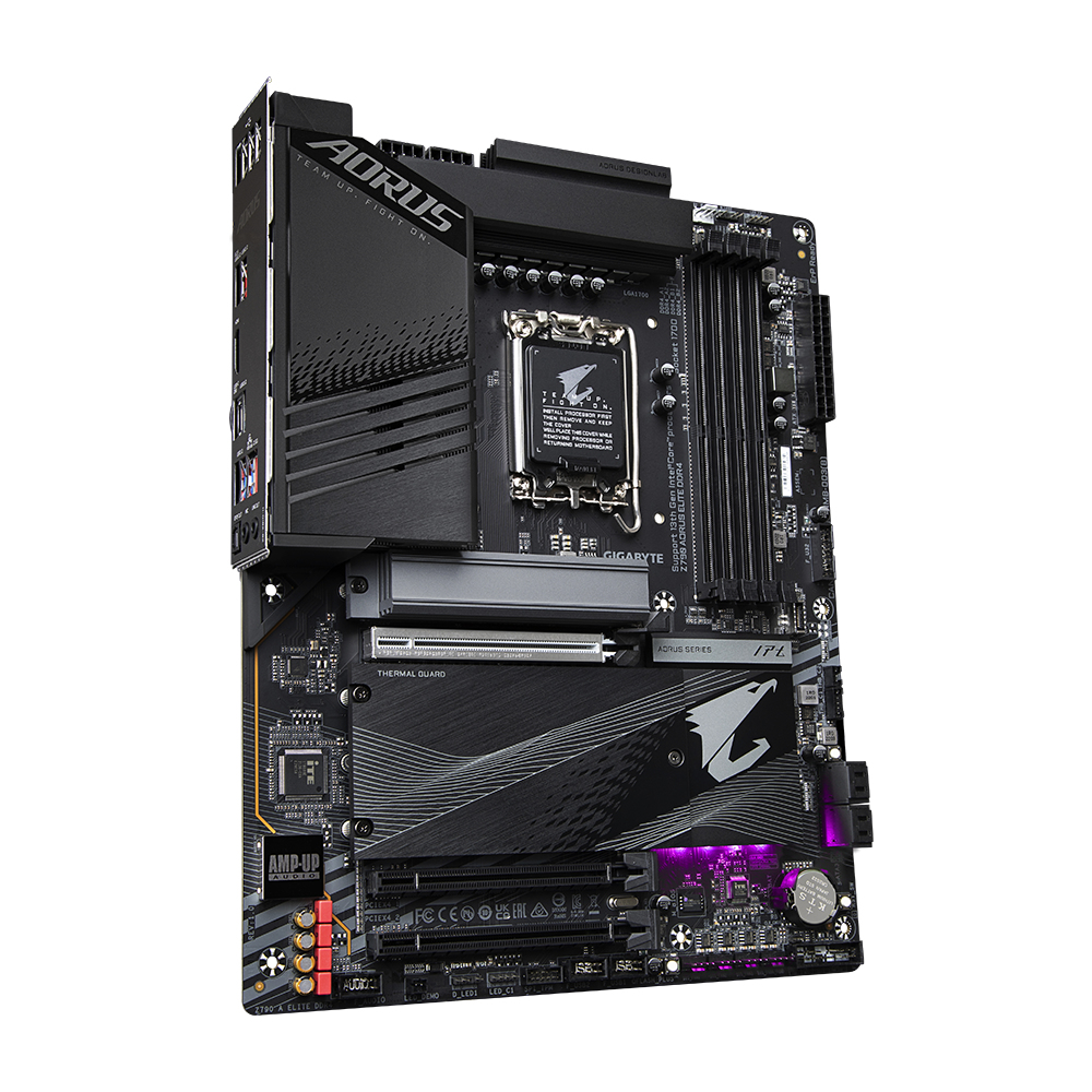 Placa base AORUS negra con numerosos componentes, incluyendo un zócalo de CPU, ranuras RAM y varios conectores.