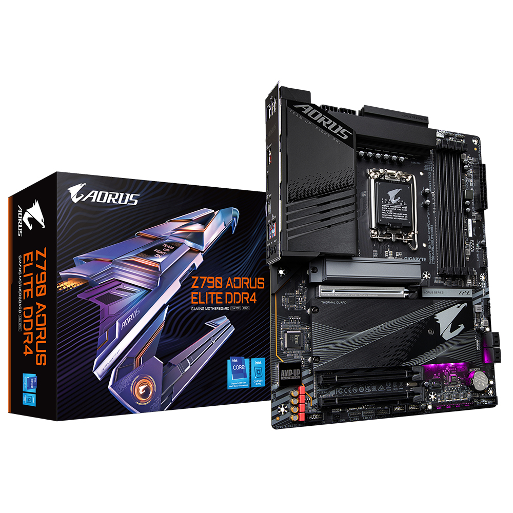 Una placa base negra y una caja con el logotipo AORUS están en exhibición. La caja dice Z790 AORUS ELITE DDR4. La placa tiene un logotipo plateado.