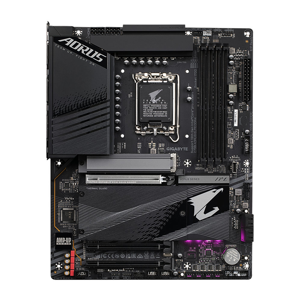 Una placa base AORUS negra con varios componentes. Se ven logotipos, texto y puertos.