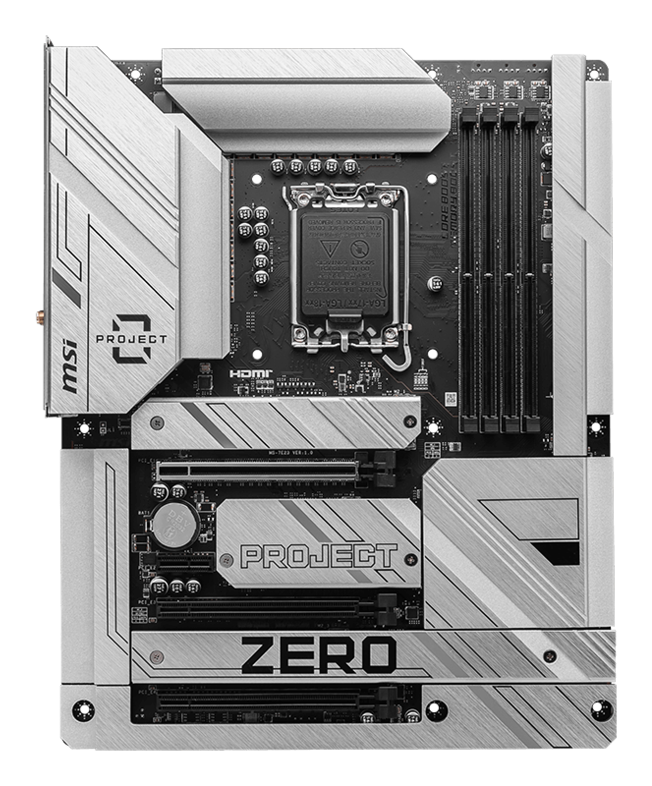 Una placa base de computadora. Tiene una placa de circuito negro con componentes plateados y texto. La marca es msi, y el modelo es ZERO.